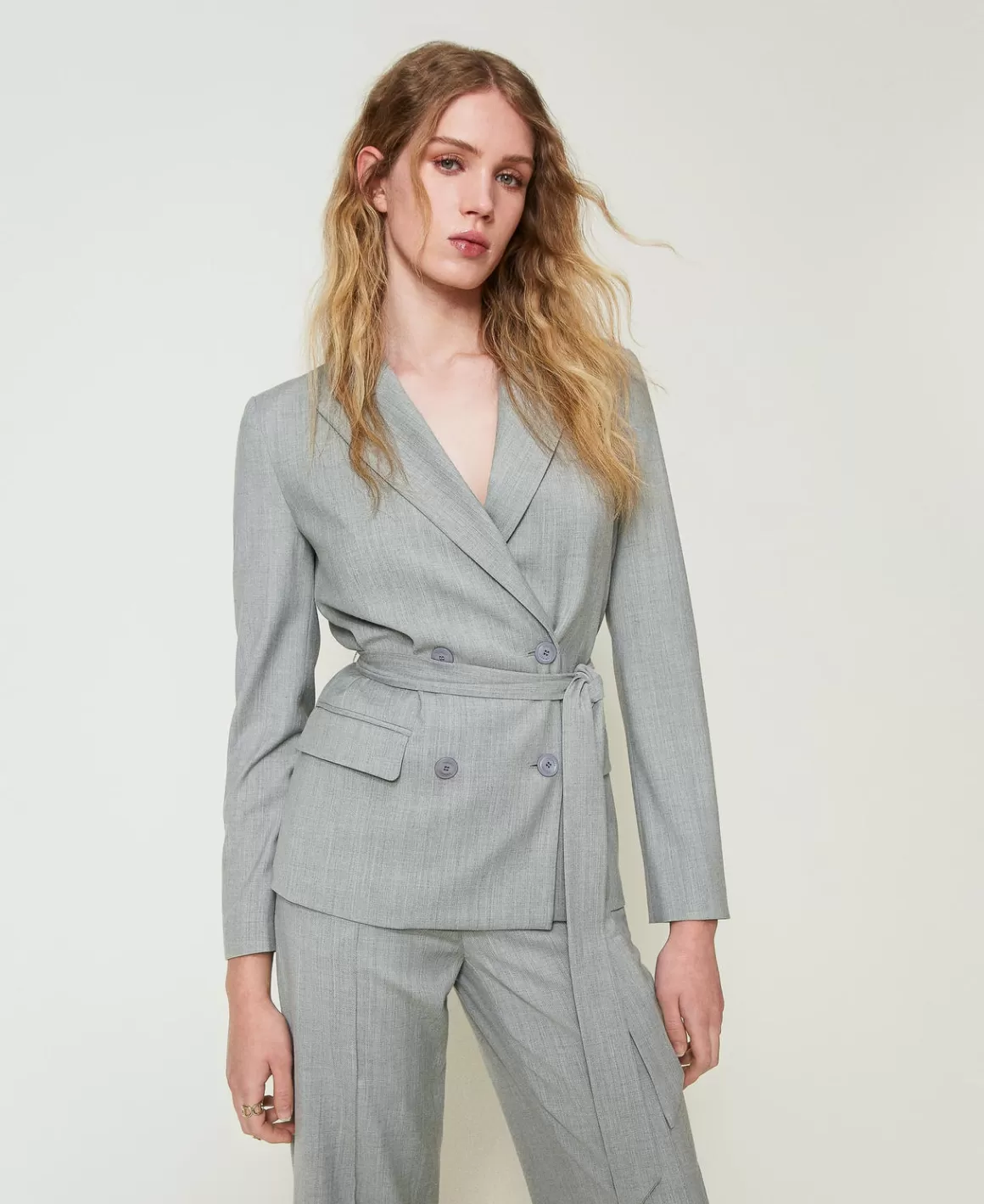 TWINSET Milano Blousons Et Doudounes | Blazers*Blazer En Laine Mélangée Avec Ceinture Gris moyen chiné