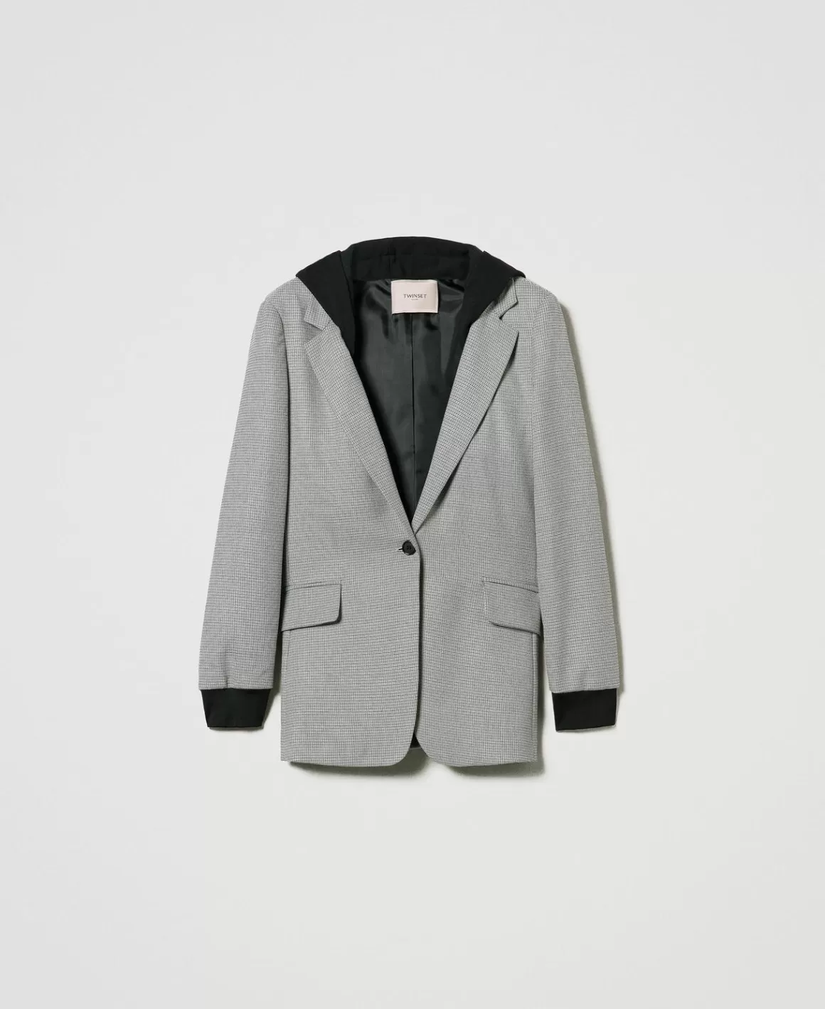 TWINSET Milano Blousons Et Doudounes | Blazers*Blazer En Pied-de-poule Avec Capuche Petit Pied-de-Poule Noir/Blanc Neige