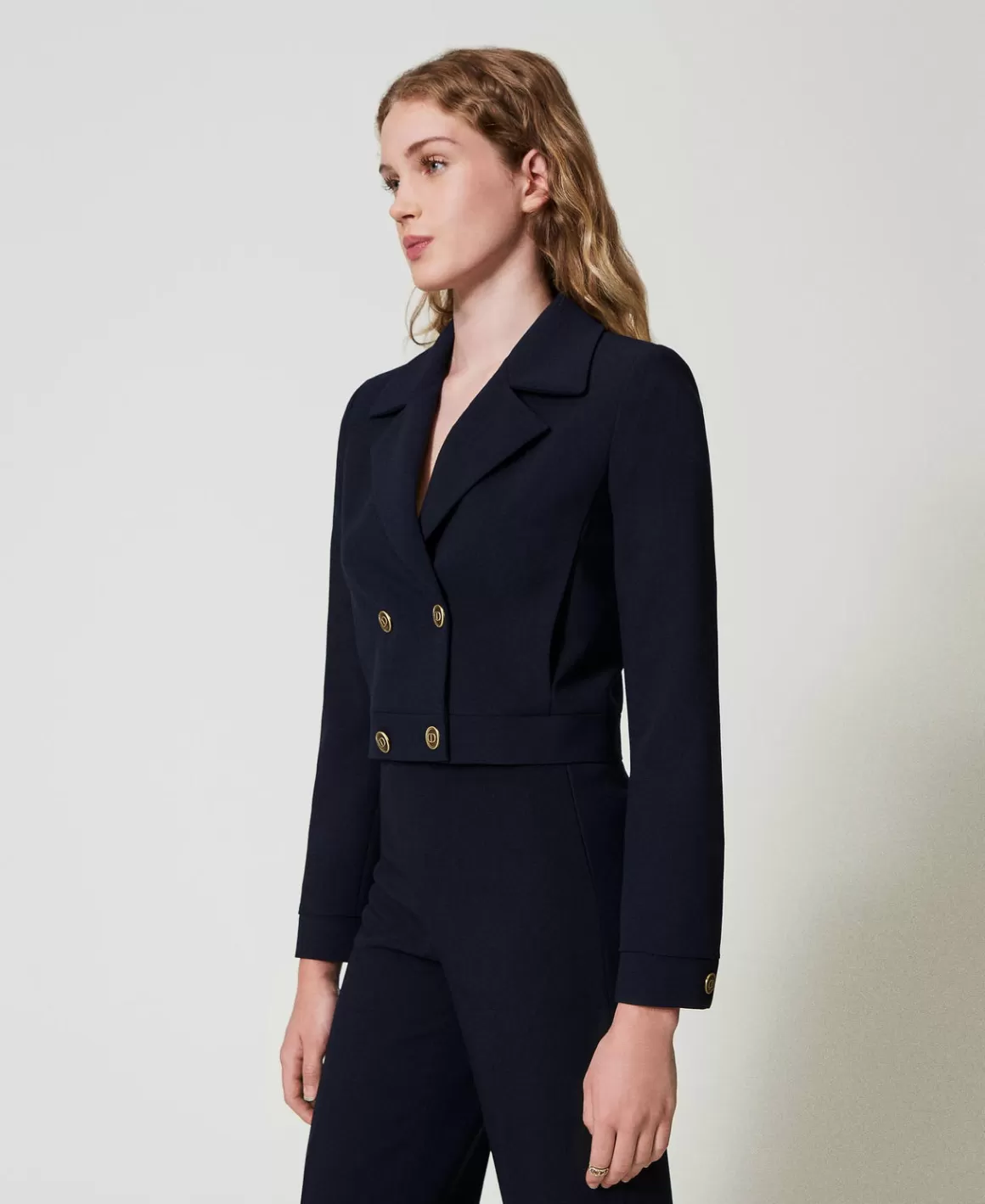 TWINSET Milano Blousons Et Doudounes | Blazers*Blouson Cropped En Crêpe Cady Bleu Classique