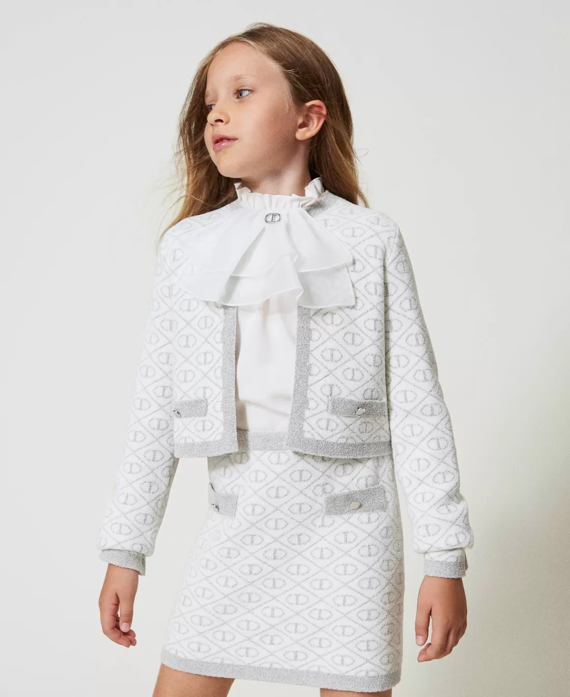 TWINSET Milano Blousons Et Manteaux*Blouson En Maille Jacquard Avec Oval T Bicolore Blanc Cassé/Argent Métallisé