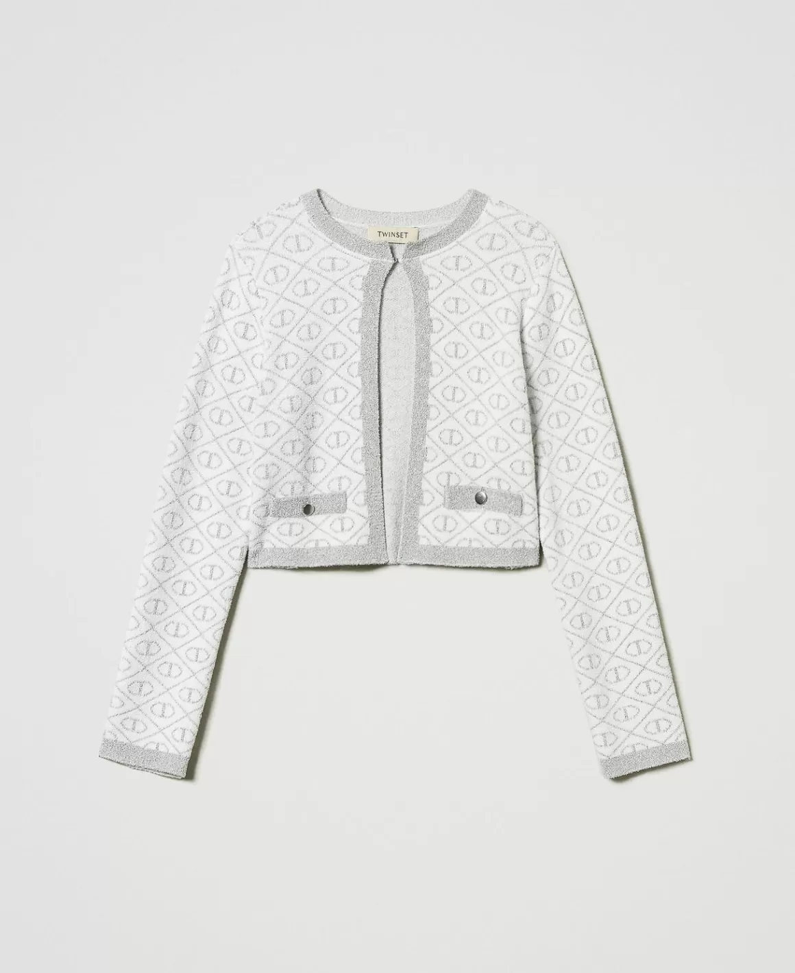 TWINSET Milano Blousons Et Manteaux*Blouson En Maille Jacquard Avec Oval T Bicolore Blanc Cassé/Argent Métallisé