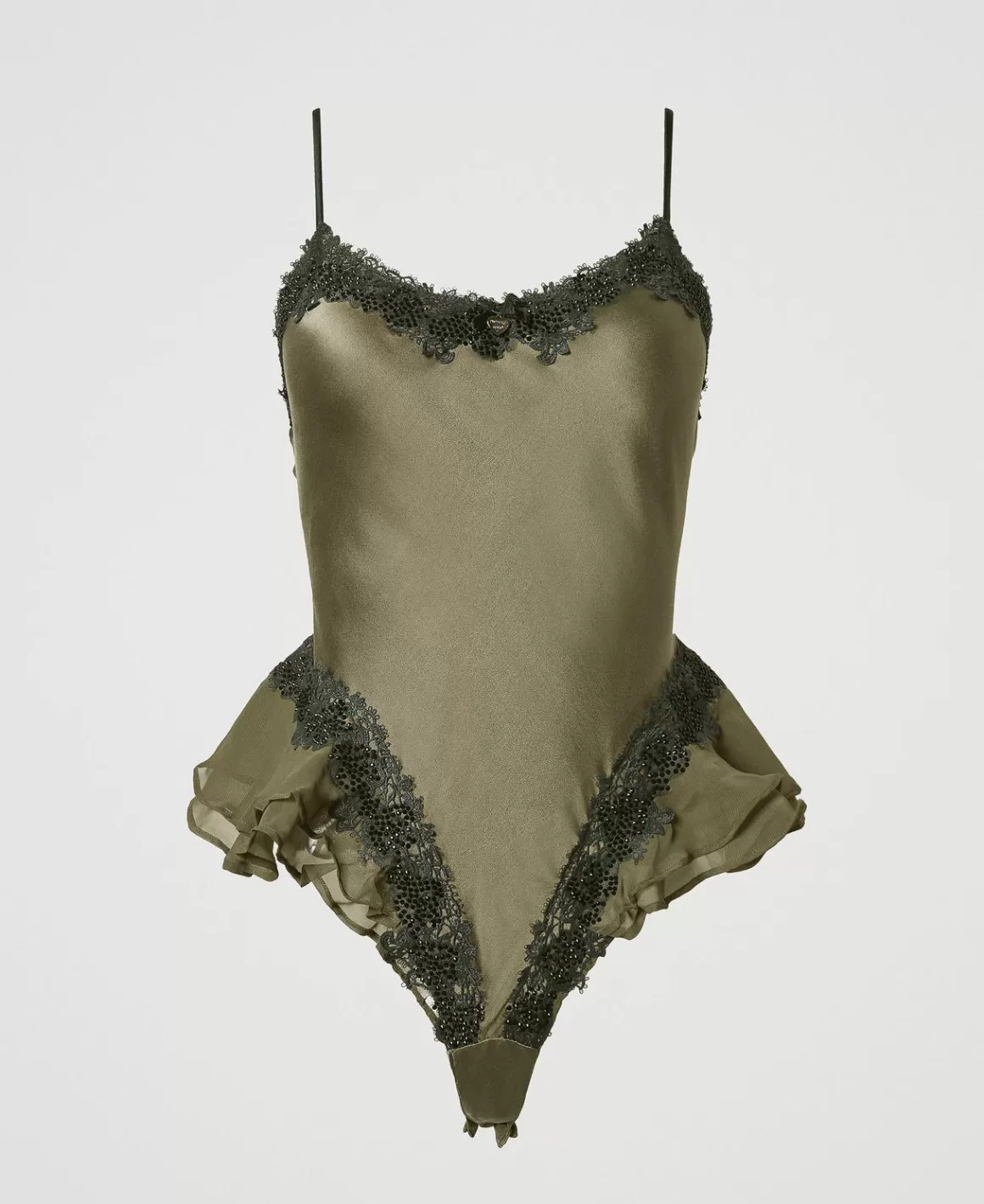 TWINSET Milano Sous-Vêtements Et Vêtements De Nuit*Body En Soie Avec Macramé Et Strass Bicolore Green Moss/Blackout