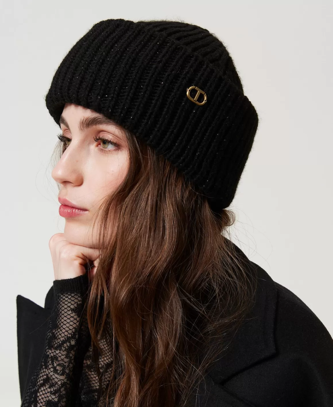 TWINSET Milano Chapeaux*Bonnet En Maille Côtelée Avec Oval T Noir