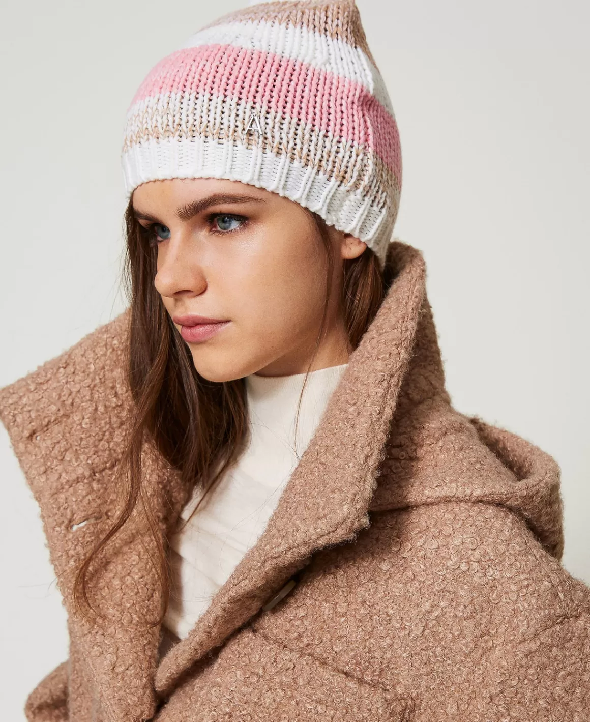 TWINSET Milano Chapeaux*Bonnet En Maille Jacquard Multicolore Rose « Crystal Pink »/Marron « Cinnamon »/Blanc