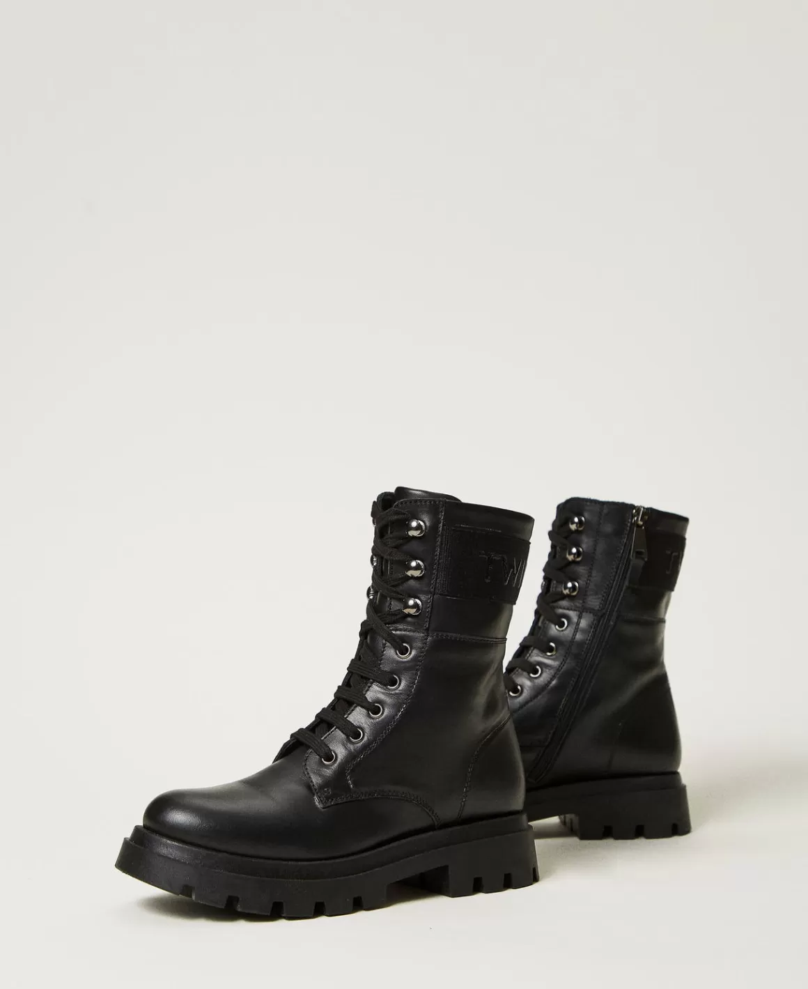 TWINSET Milano Chaussures*Bottines Motardes En Cuir Avec Logo Noir