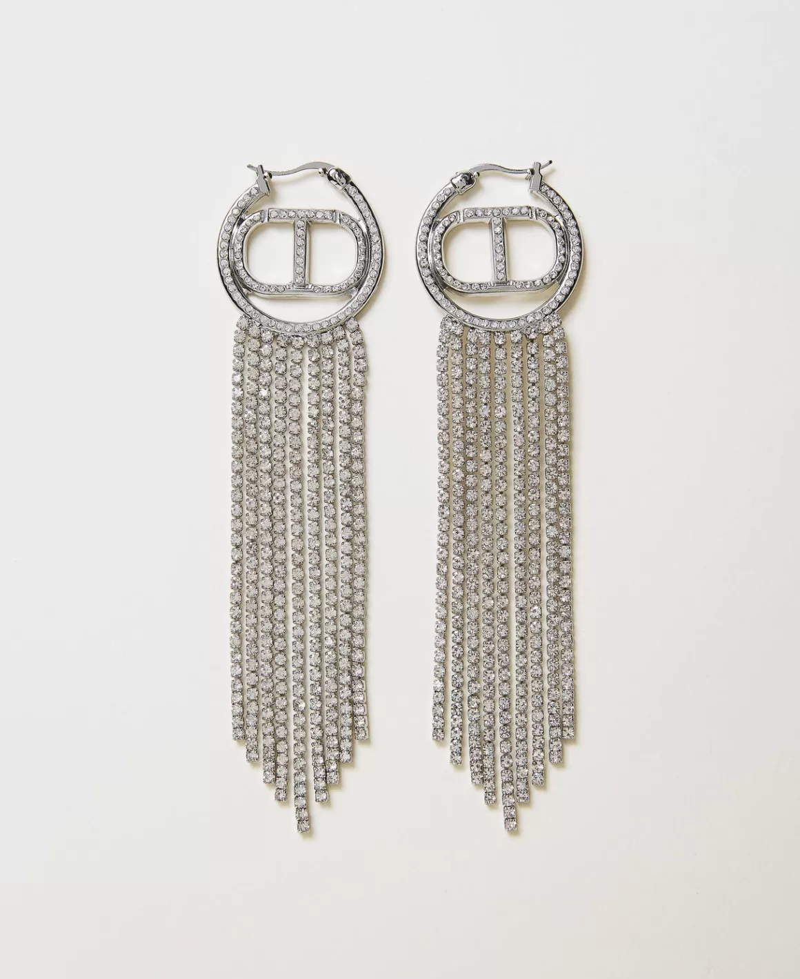 TWINSET Milano Bijoux*Boucles D’oreilles Avec Oval T Et Franges Strassées Argent Nickel Free