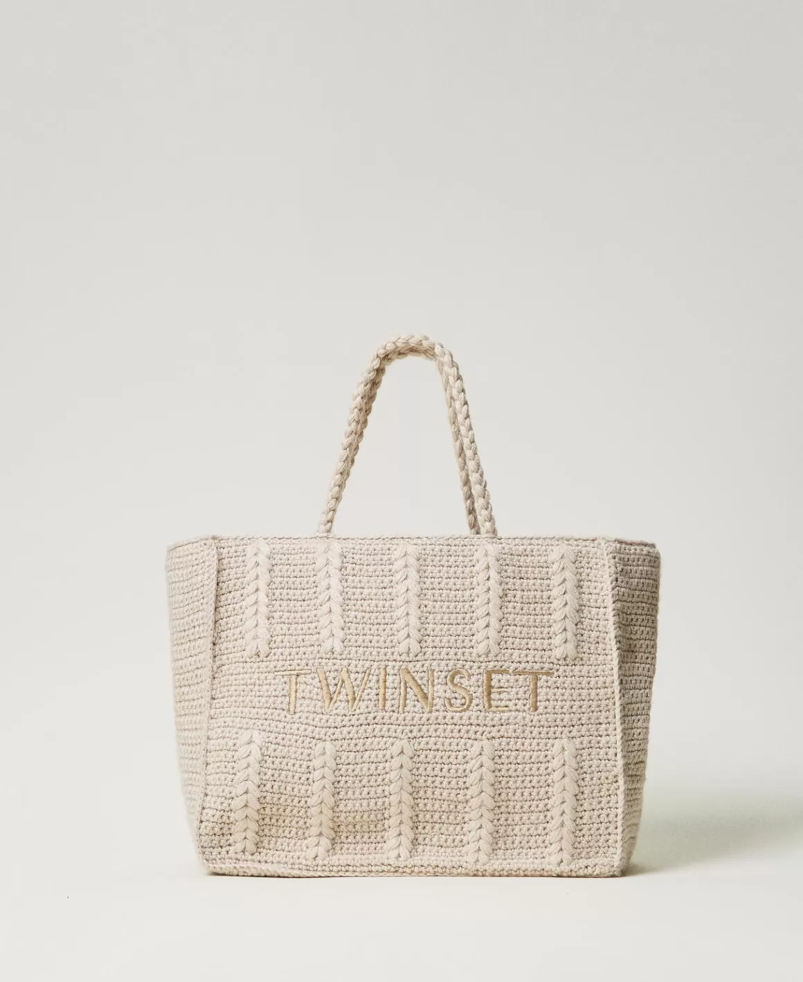 TWINSET Milano Cabas | Sacs Porté Épaule*Cabas «Bohémienne» En Tricot Avec Logo Blanc « White Cream »