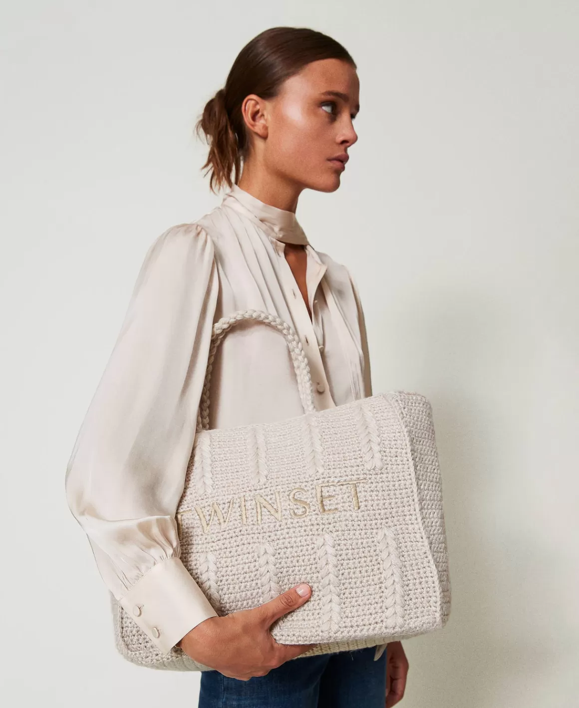 TWINSET Milano Cabas | Sacs Porté Épaule*Cabas «Bohémienne» En Tricot Avec Logo Blanc « White Cream »