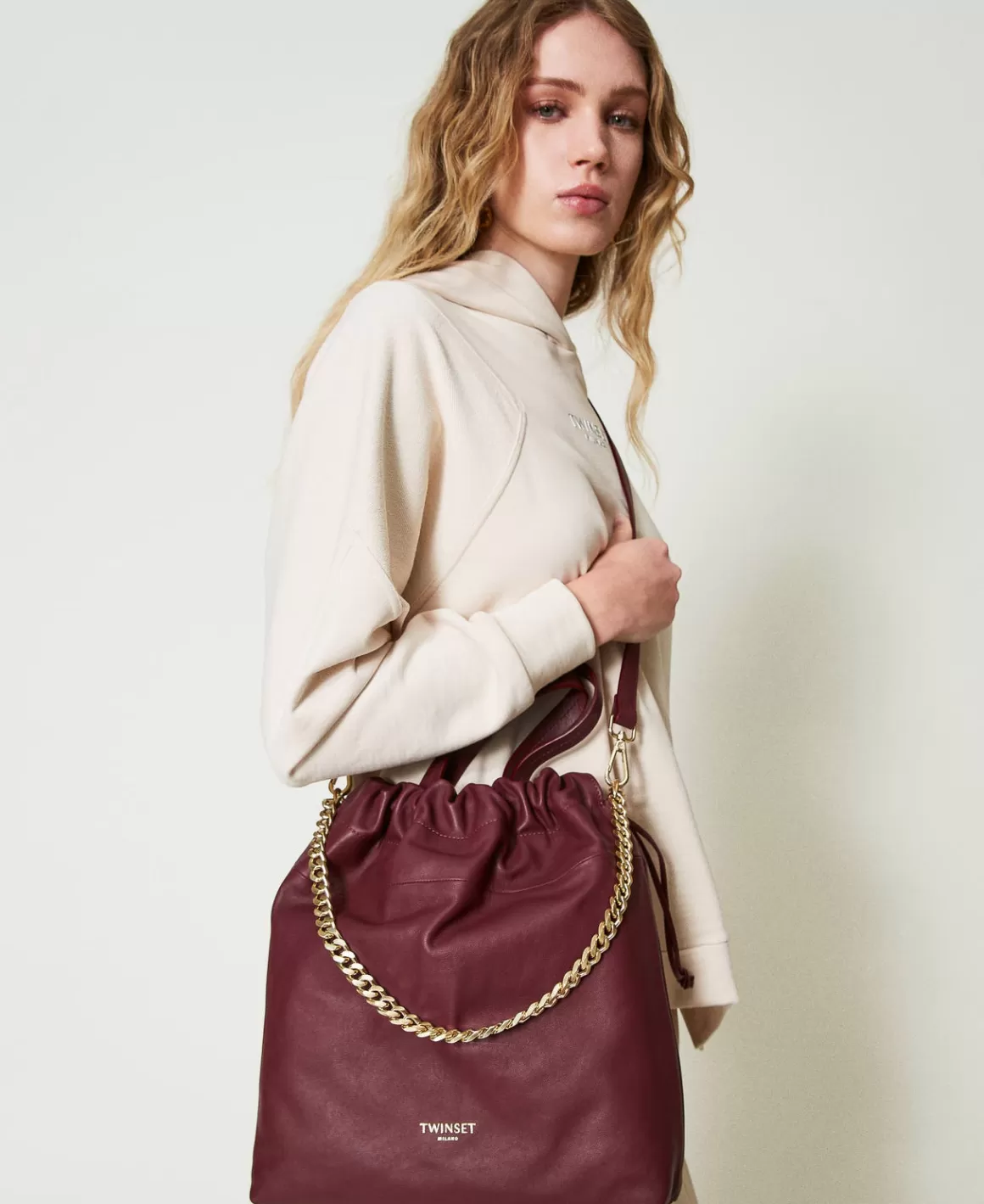 TWINSET Milano Cabas | Sacs Porté Épaule*Cabas Moyen En Cuir Avec Cordon De Serrage Bordeaux