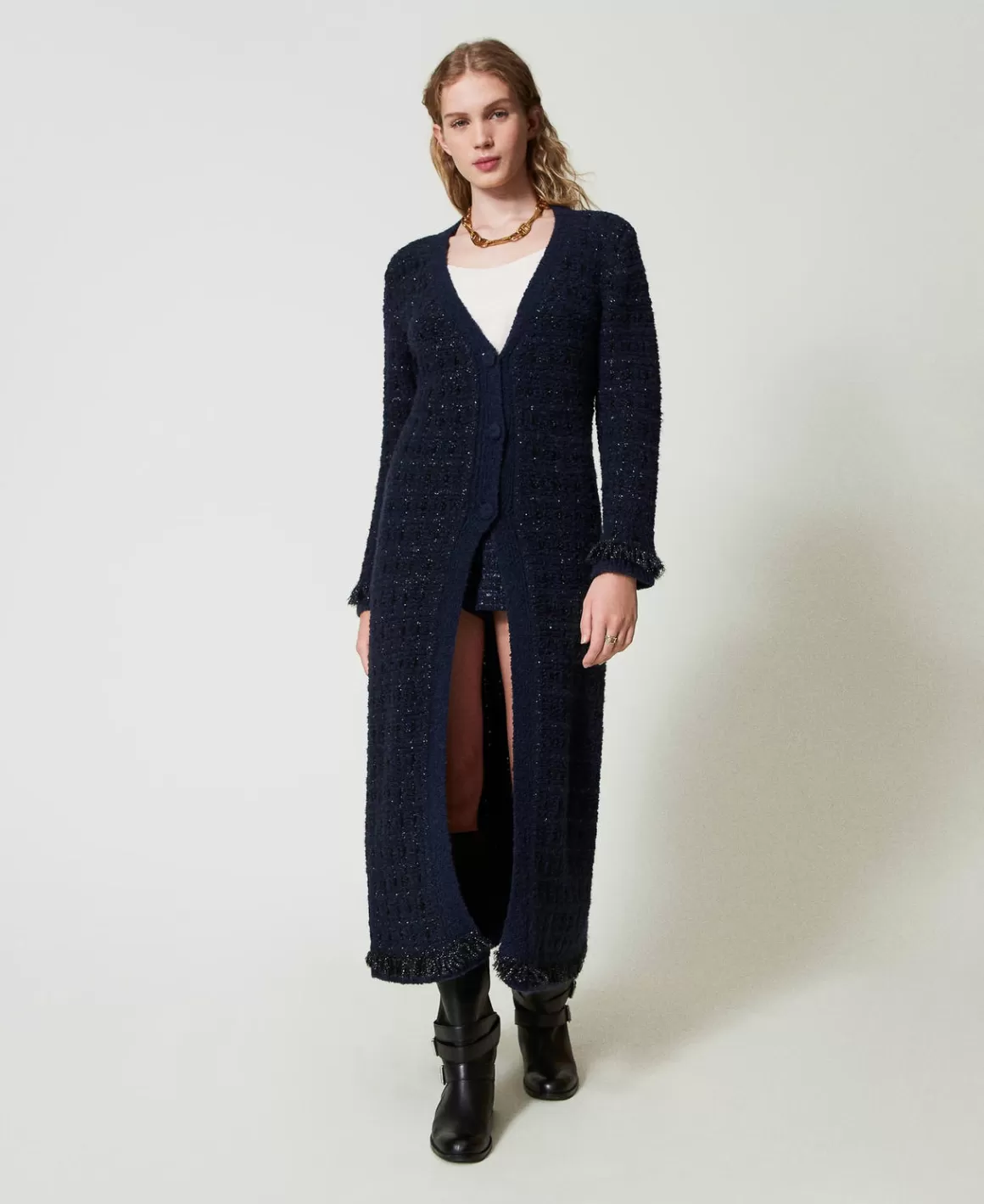 TWINSET Milano Manteaux Et Trenchs | Pulls Et Cardigans*Cardigan Long Jacquard à Carreaux Jacquard Carreau Bleu Classique Clair