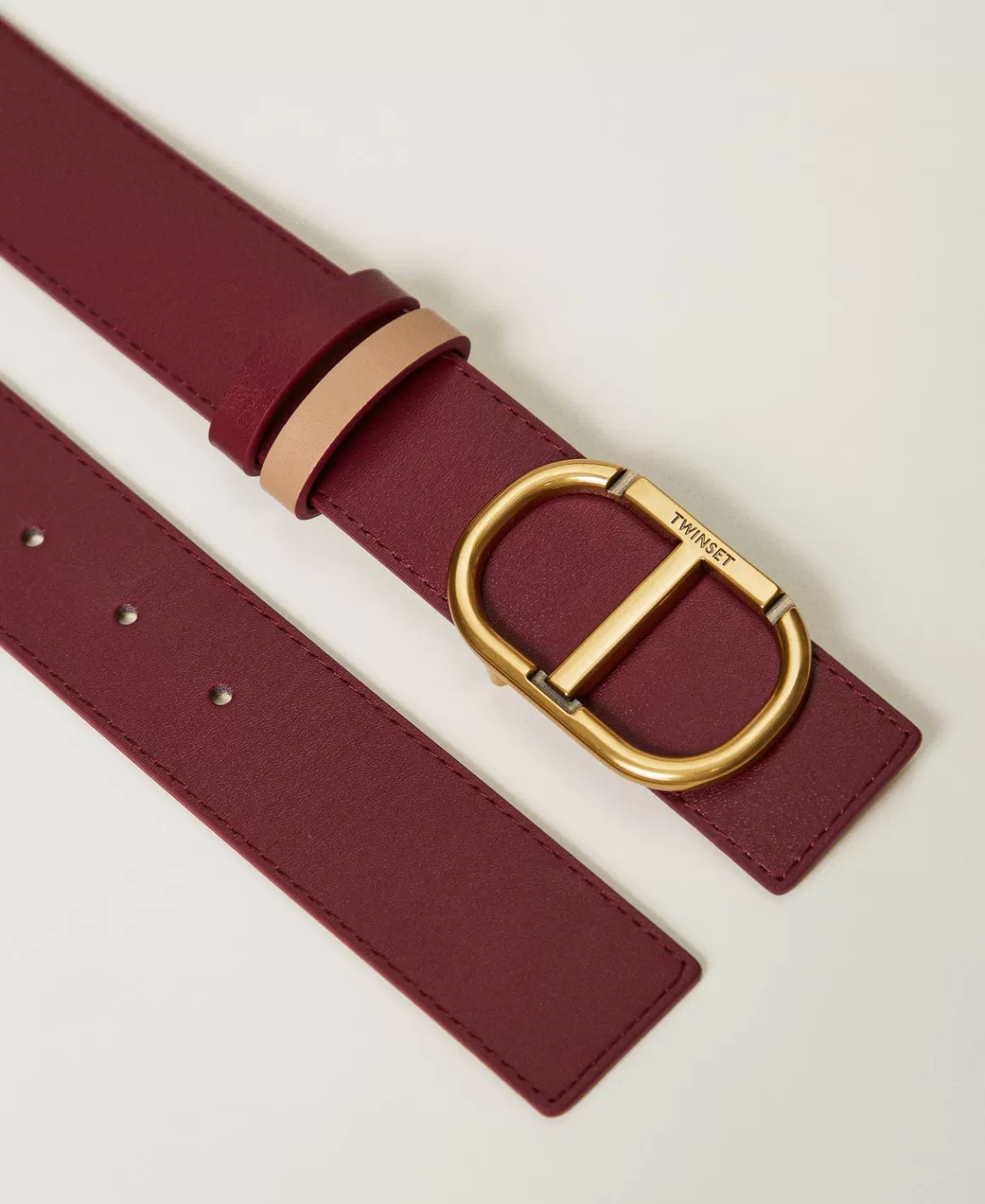 TWINSET Milano Ceintures*Ceinture Réversible En Cuir Avec Oval T Bicolore Red Plum/Marron « Sandy Brown »