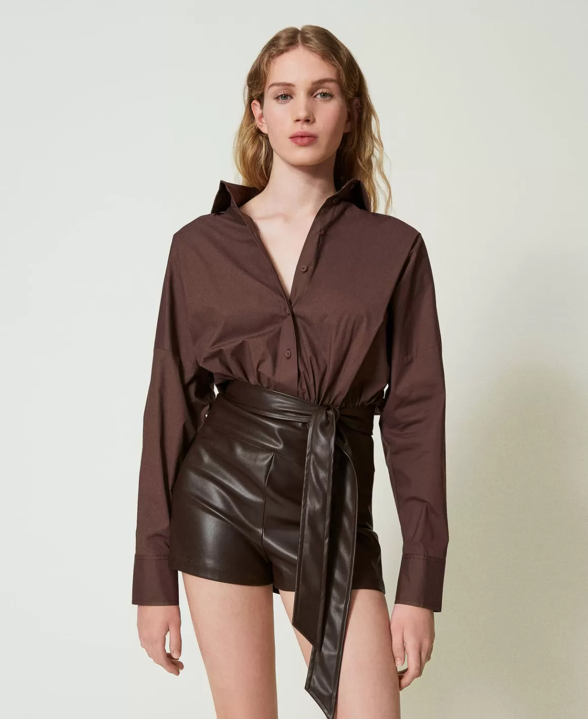 TWINSET Milano Combinaisons | Robes Courtes*Combi-short En Popeline Et Tissu Enduit Chocolat