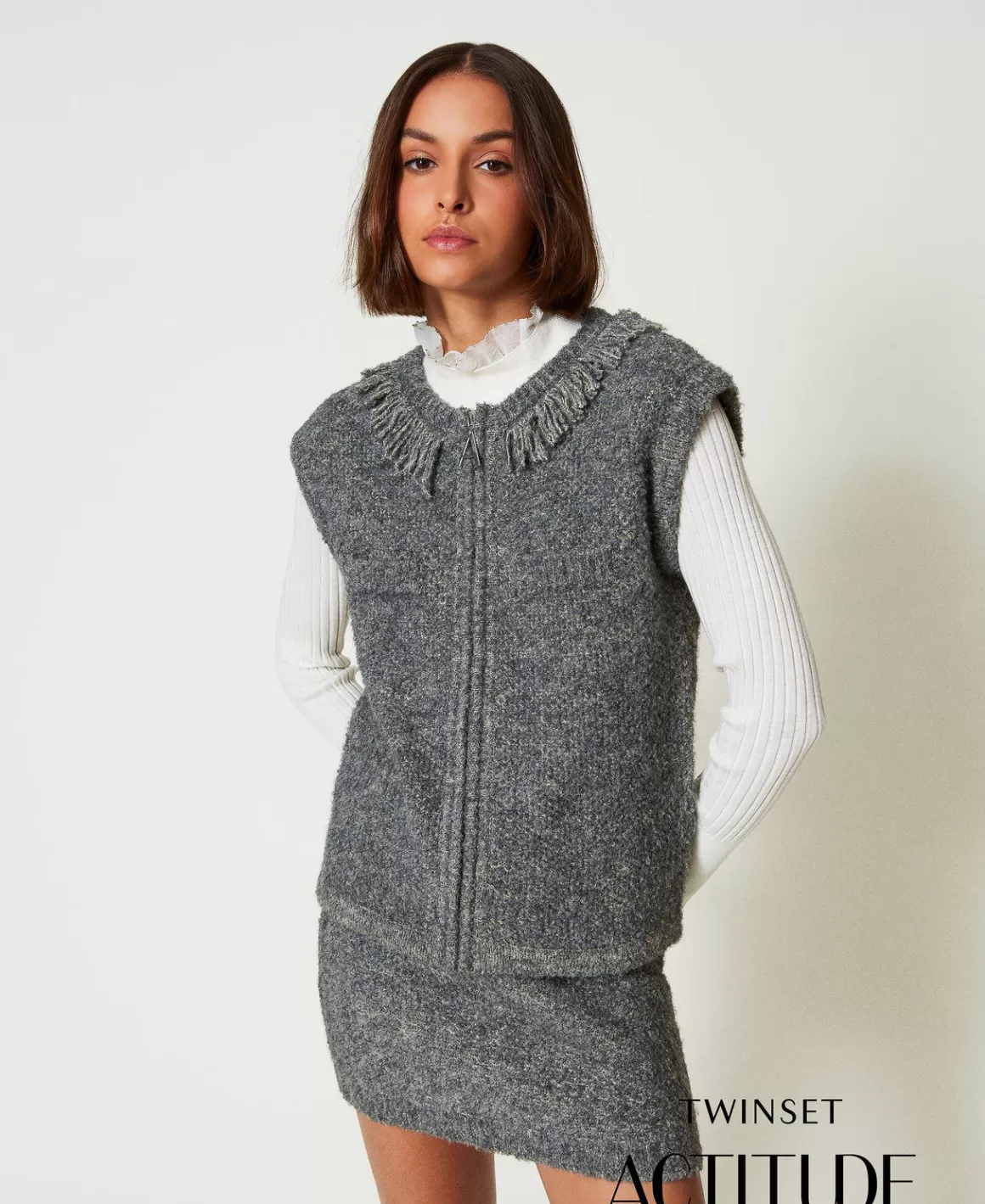 TWINSET Milano Blousons Et Doudounes*Gilet En Maille Bouclée Recyclée Gris Moyen Chiné/Lurex Clair Or