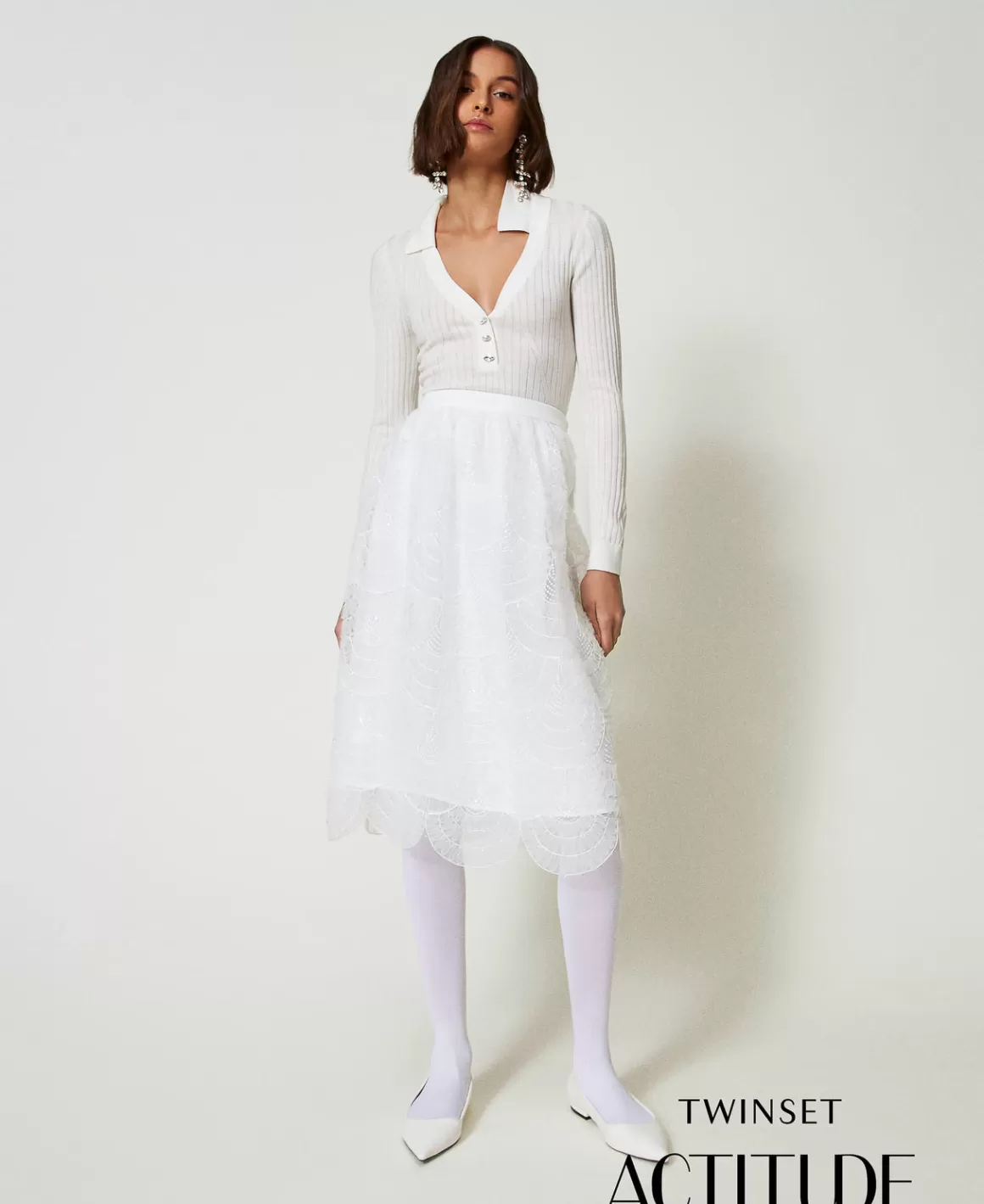 TWINSET Milano Jupes*Jupe Mi-longue En Organza Avec Broderies Crème White