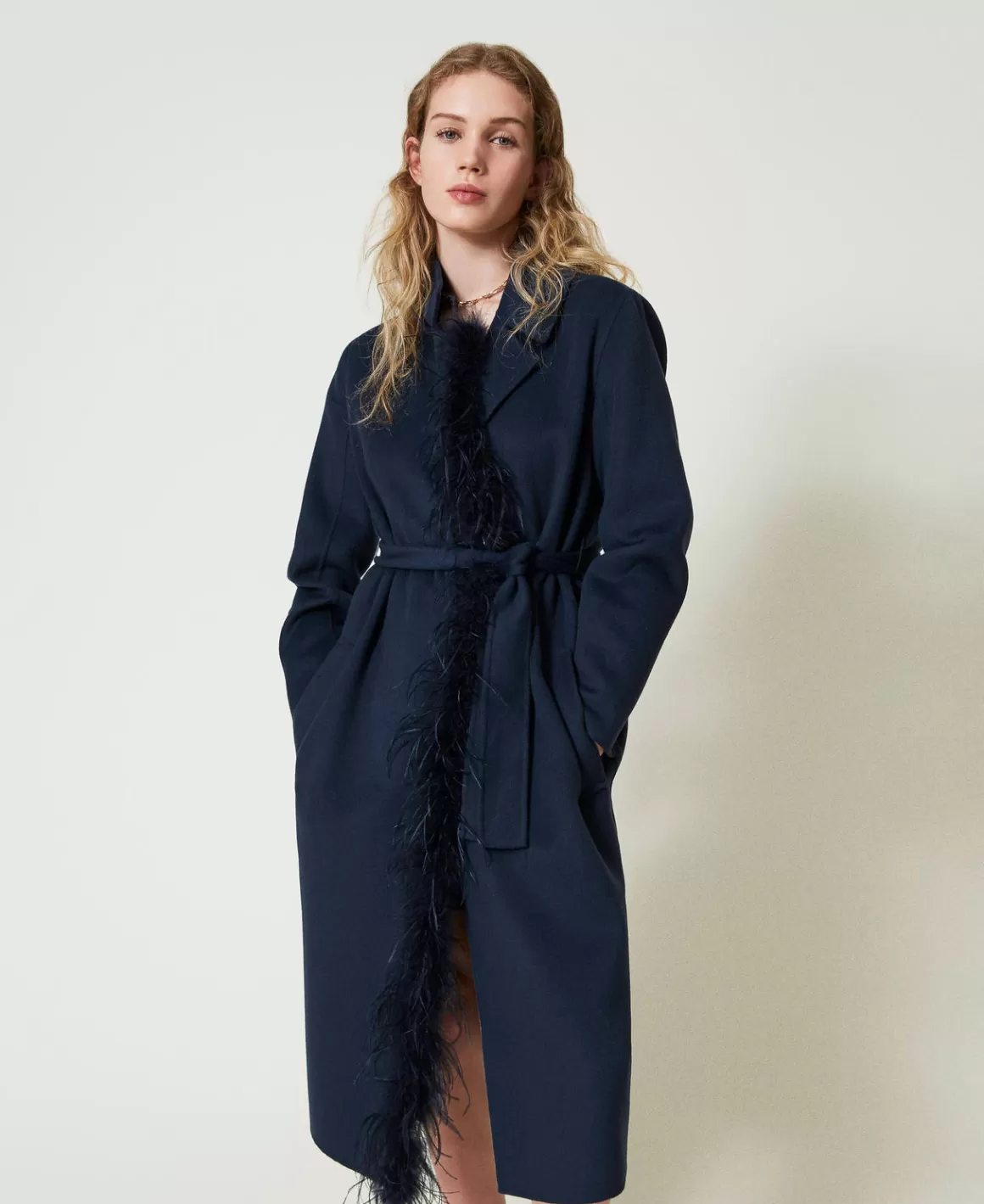 TWINSET Milano Manteaux Et Trenchs*Manteau En Drap Double De Laine Mélangée Avec Plumes Indigo