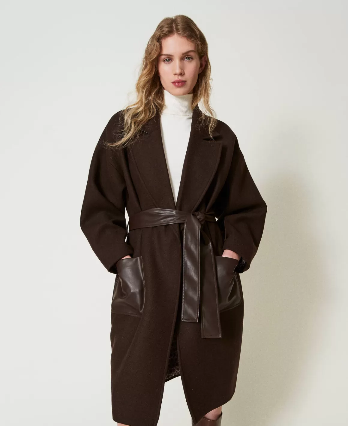 TWINSET Milano Manteaux Et Trenchs*Manteau En Laine Mélangée Avec Poches Effet Cuir Chocolat