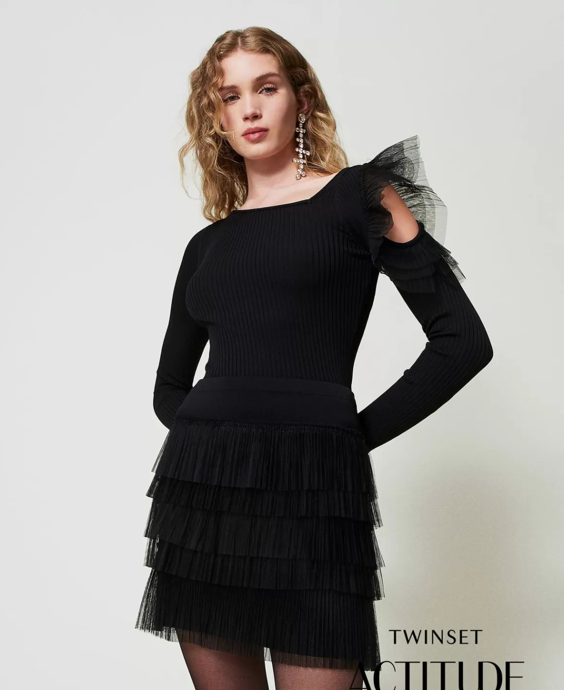 TWINSET Milano Jupes*Mini-jupe En Maille Avec Volants En Tulle Noir