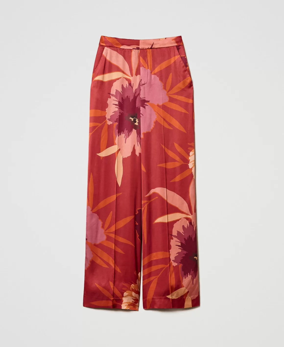 TWINSET Milano Pantalons Larges Et Palazzo*Pantalon Ample En Satin Floral Grandes Fleurs Rouge/Red Plum