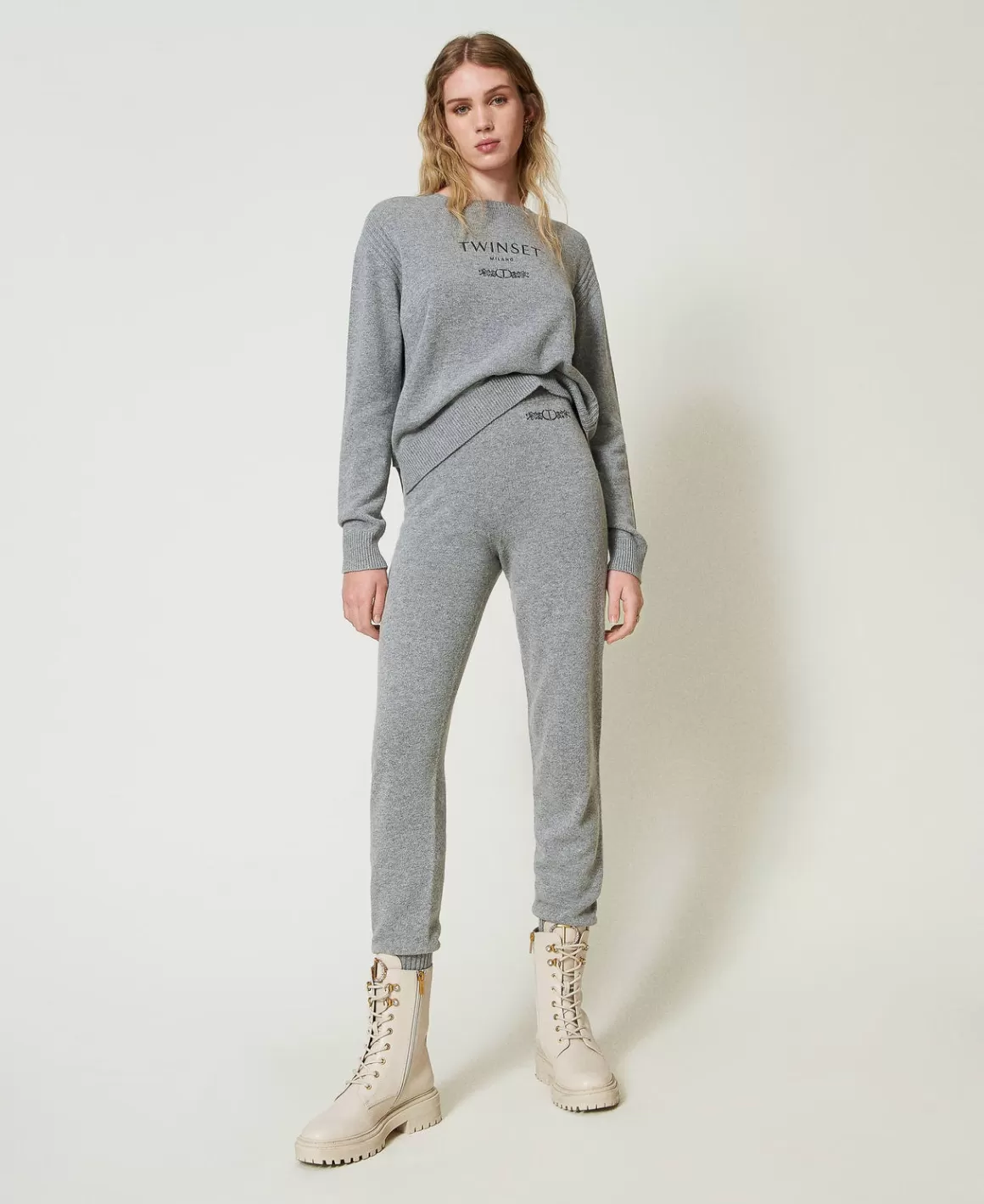 TWINSET Milano Pantalons De Jogging*Pantalon De Jogging En Maille De Laine Mélangée Avec Logo Brodé Gris Chiné Foncé