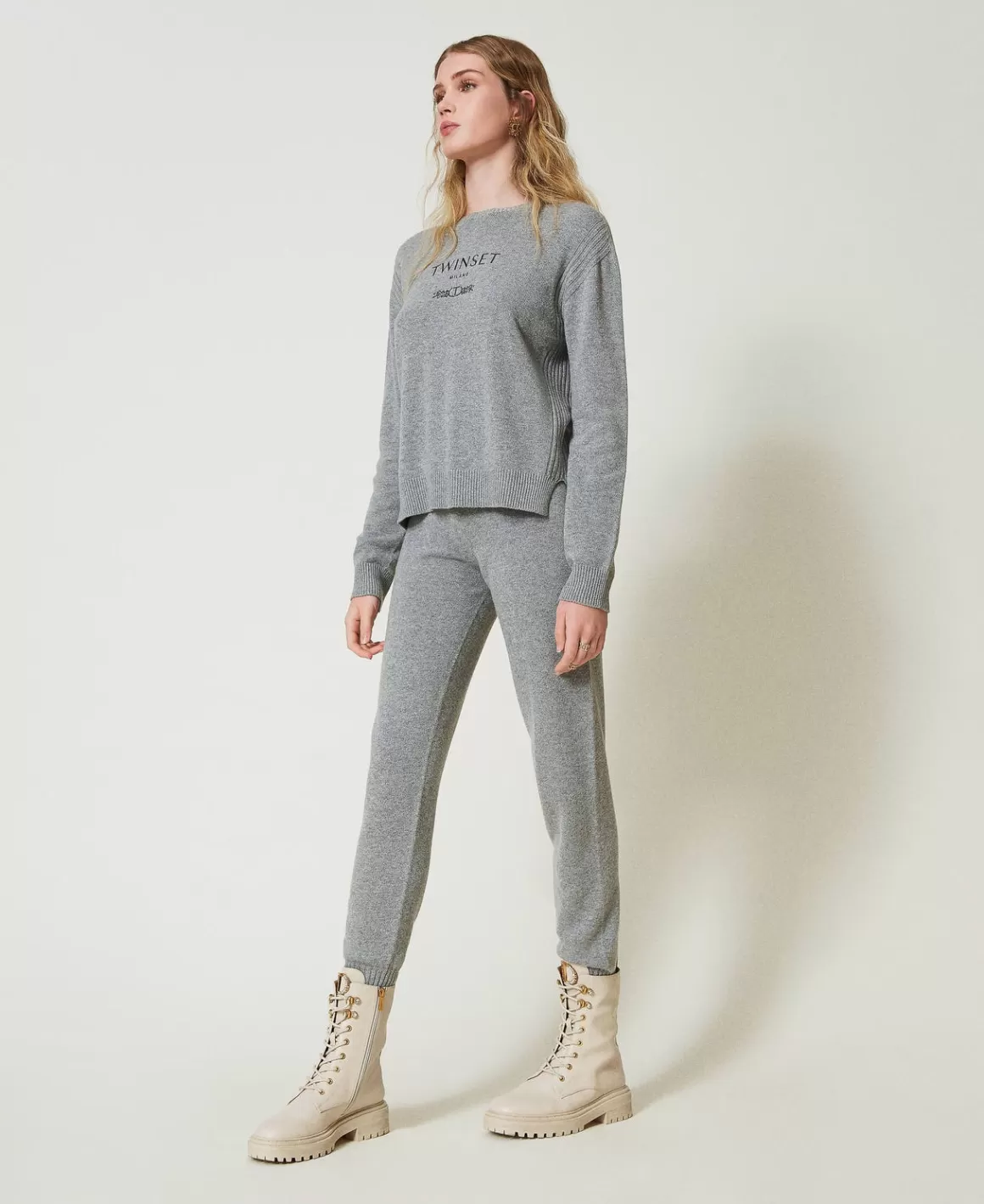 TWINSET Milano Pantalons De Jogging*Pantalon De Jogging En Maille De Laine Mélangée Avec Logo Brodé Gris Chiné Foncé
