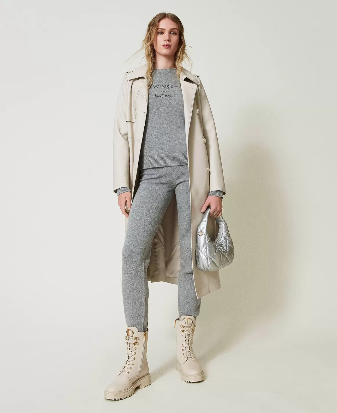 TWINSET Milano Pantalons De Jogging*Pantalon De Jogging En Maille De Laine Mélangée Avec Logo Brodé Gris Chiné Foncé