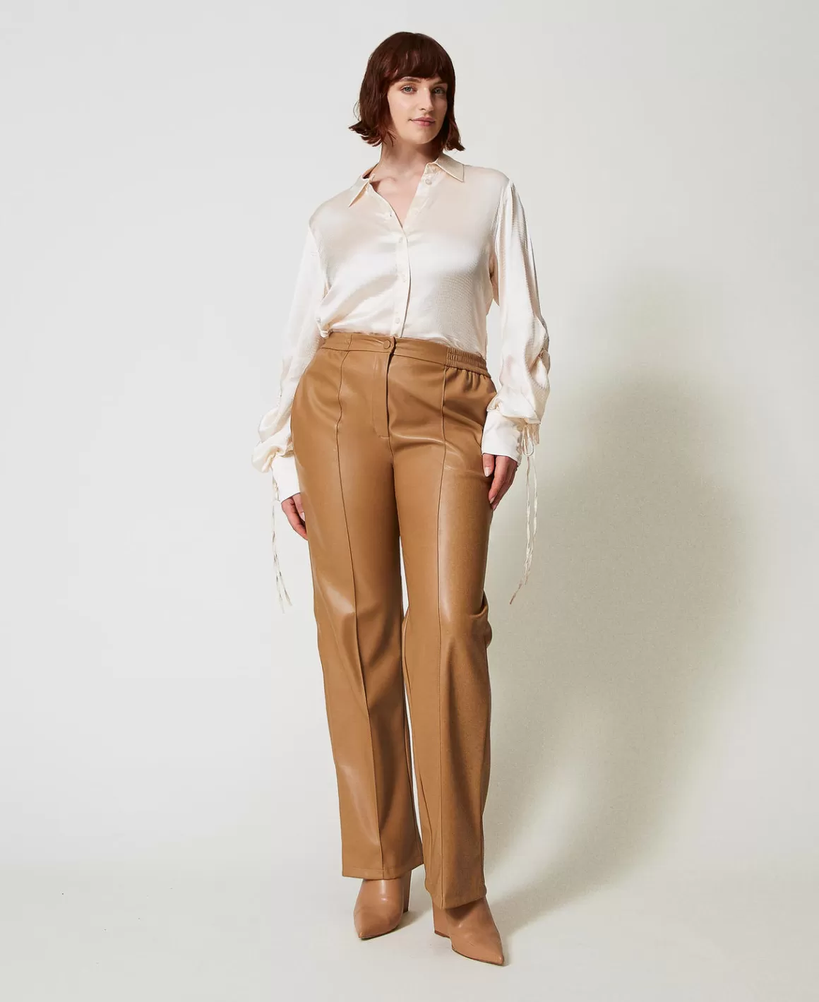 TWINSET Milano Pantalons Droits Et Cigarette*Pantalon Effet Cuir Avec élastique Marron « Sandy Brown »