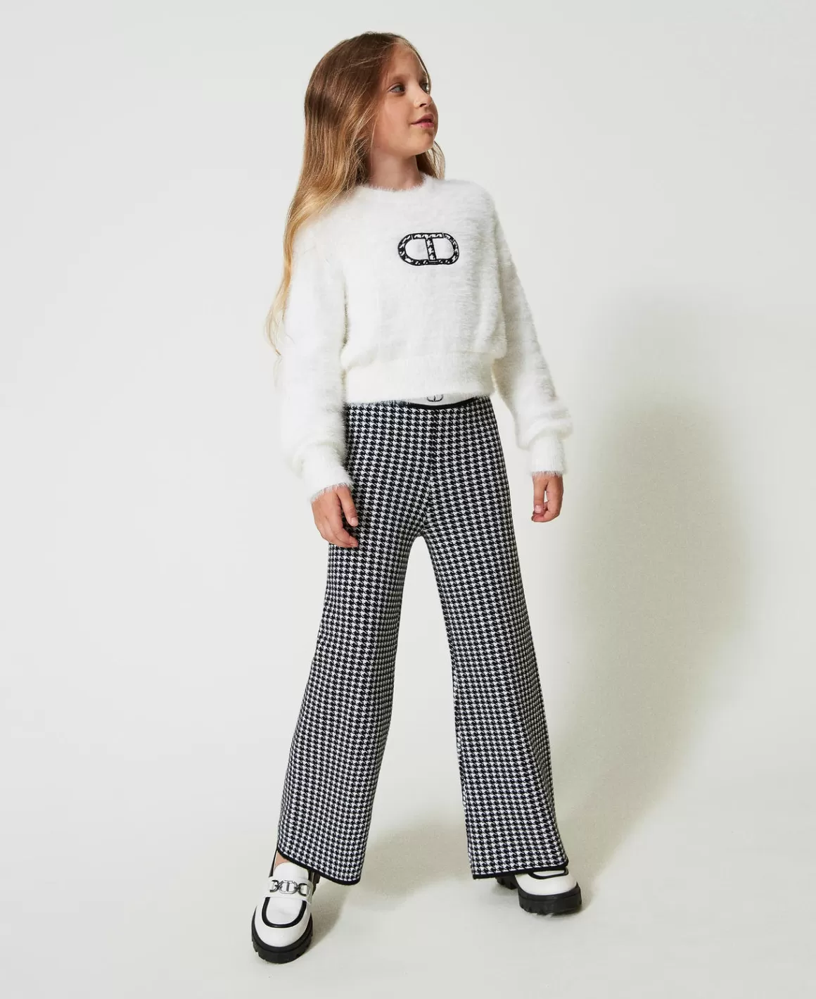 TWINSET Milano Pantalons Et Jeans*Pantalon En Maille Jacquard Pied-de-poule Bicolore Blanc Cassé / Noir