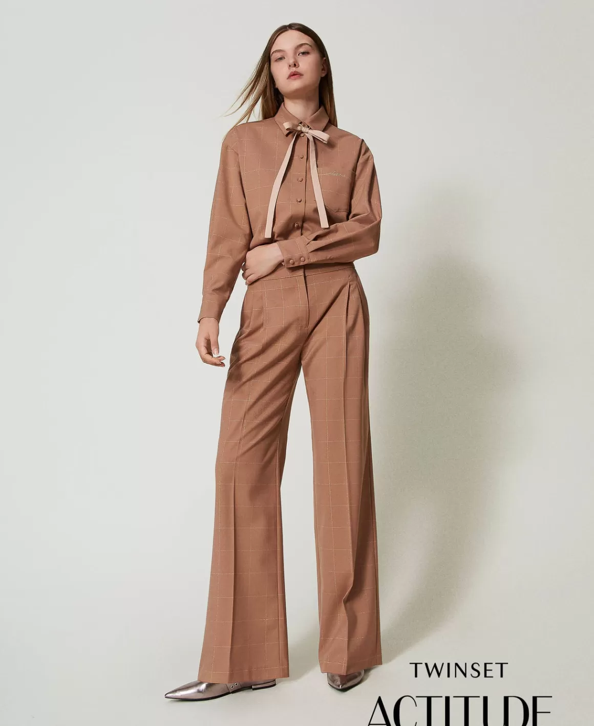 TWINSET Milano Pantalons Larges Et Palazzo*Pantalon Palazzo à Carreaux Avec Lurex Marron « Beaver »