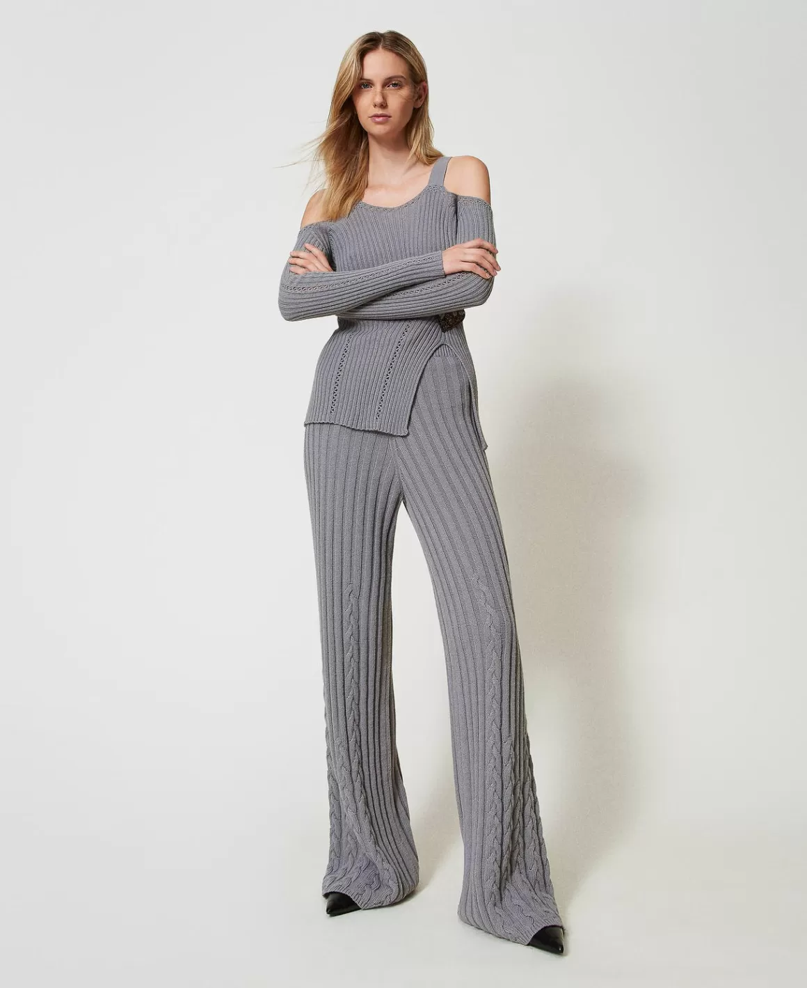 TWINSET Milano Pantalons Évasés*Pantalon évasé En Fil Treeblend Avec Torsades Gris Fumée Clair