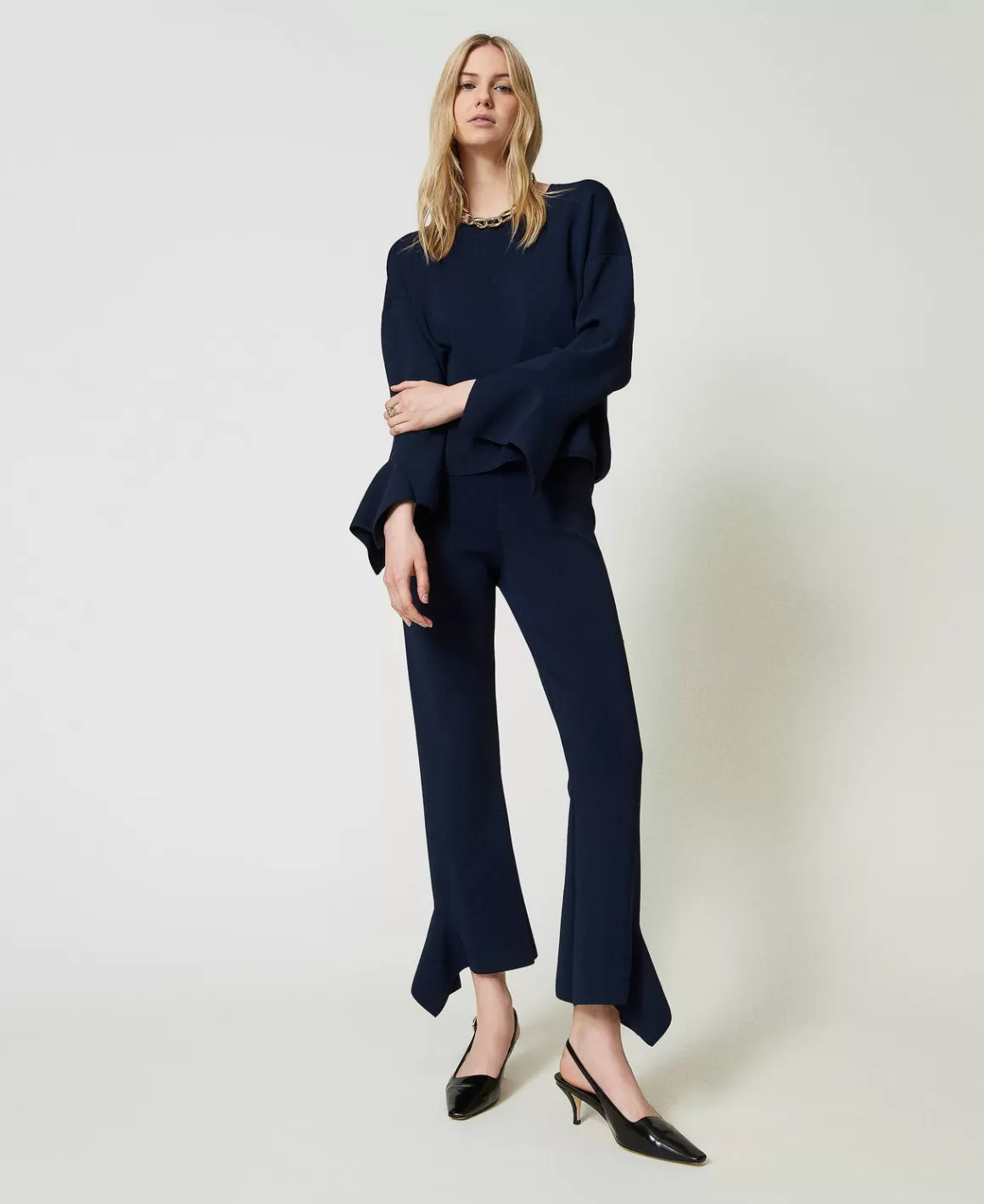 TWINSET Milano Pantalons Évasés*Pantalon évasé En Maille Avec Volant Indigo