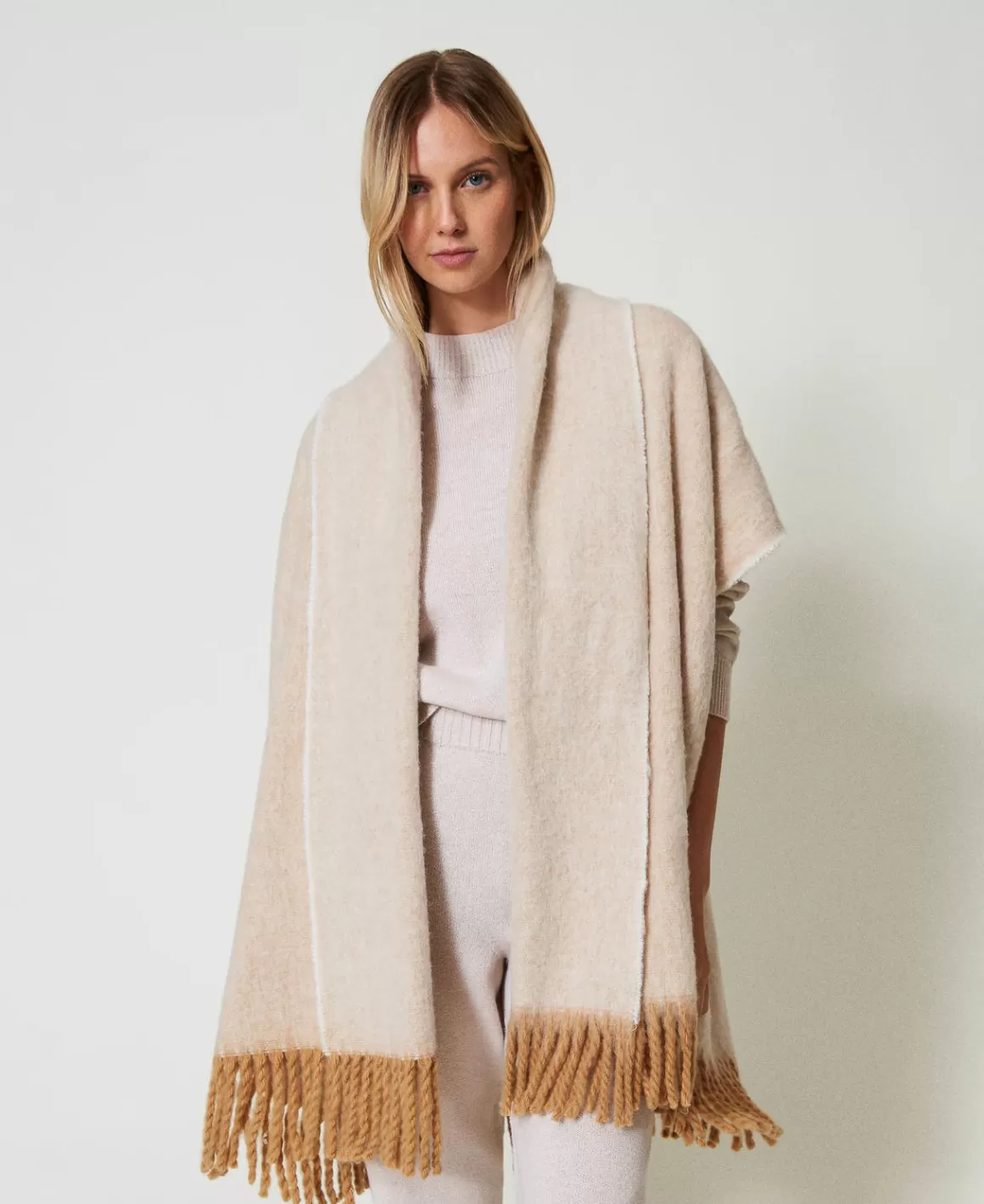 TWINSET Milano Ponchos*Poncho Chiné Avec Franges Marron « Sandy Brown »