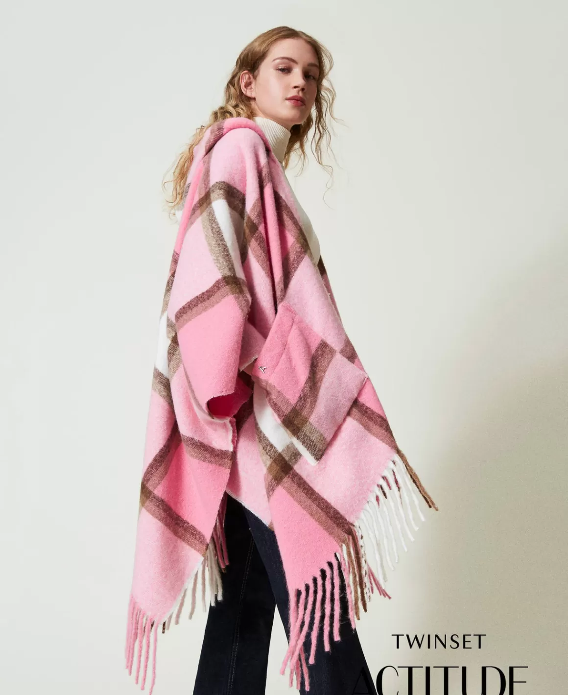 TWINSET Milano Ponchos*Poncho En Drap Avec Franges Multicolore Carreau Rose « Crystal Pink »