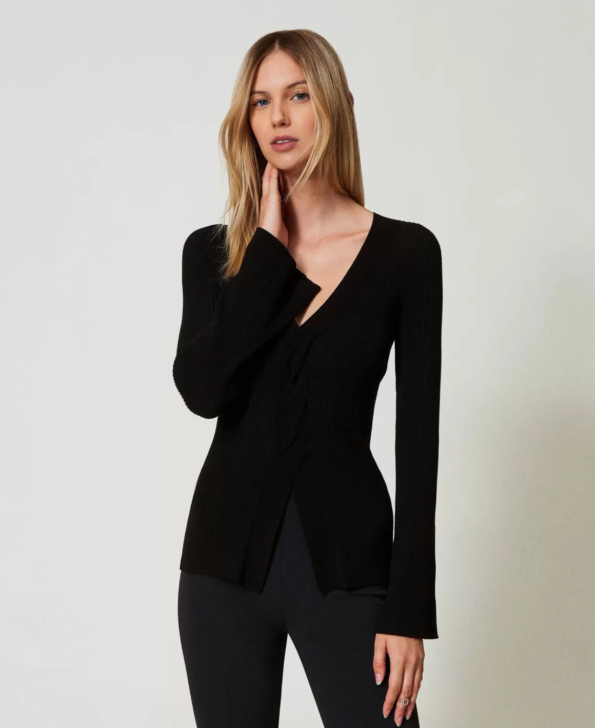 TWINSET Milano Pulls Et Cardigans*Pull Ajusté Côtelé Avec Finition Croisée Noir