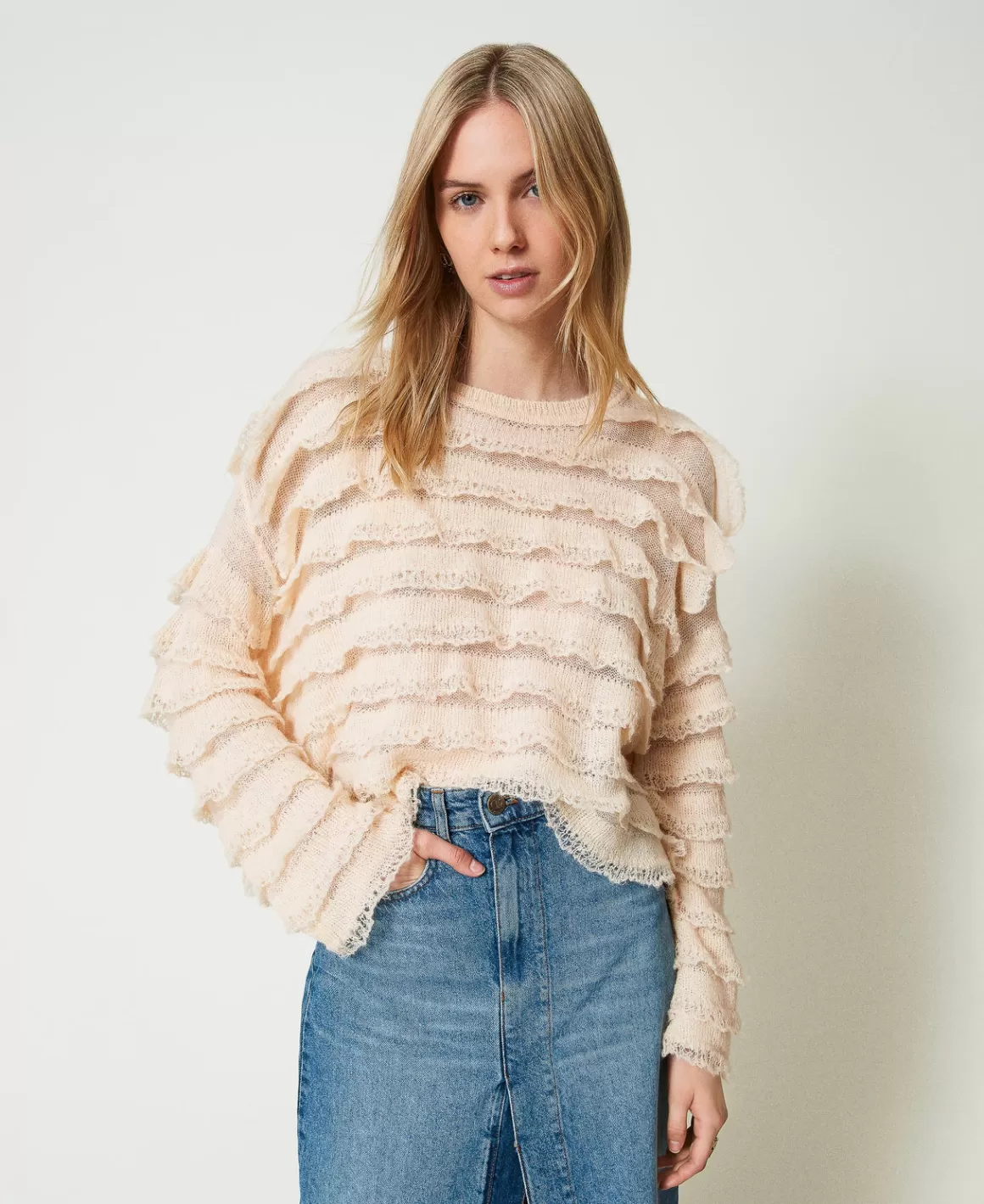 TWINSET Milano Pulls Et Cardigans*Pull Boxy Avec Volants Effet Dentelle Rose « Peach Pink »