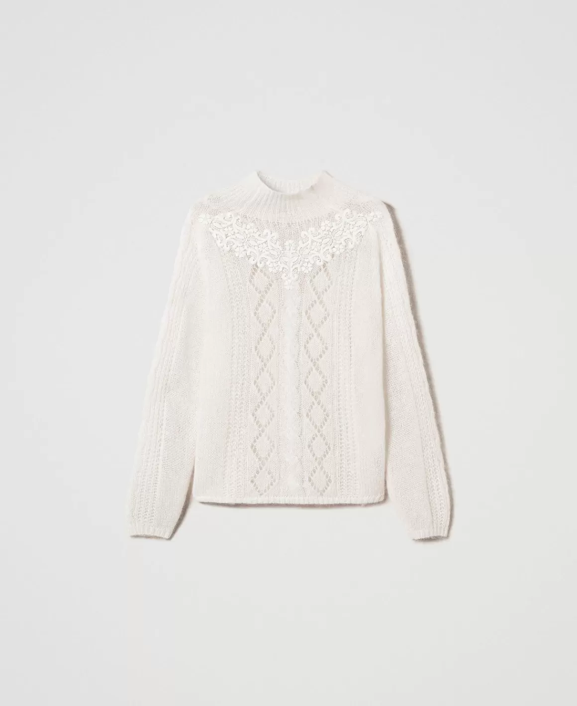 TWINSET Milano Pulls Et Cardigans*Pull Col Montant En Laine Et Mohair Avec Dentelle Blanc Neige