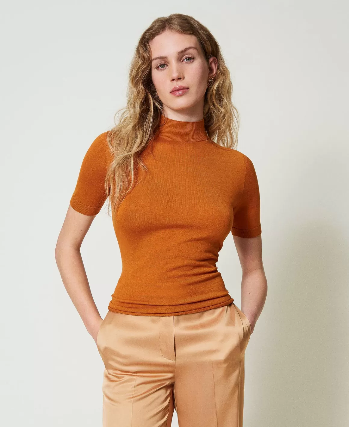 TWINSET Milano Pulls Et Cardigans*Pull Col Montant En Soie Et Cachemire Orange « Tanné »