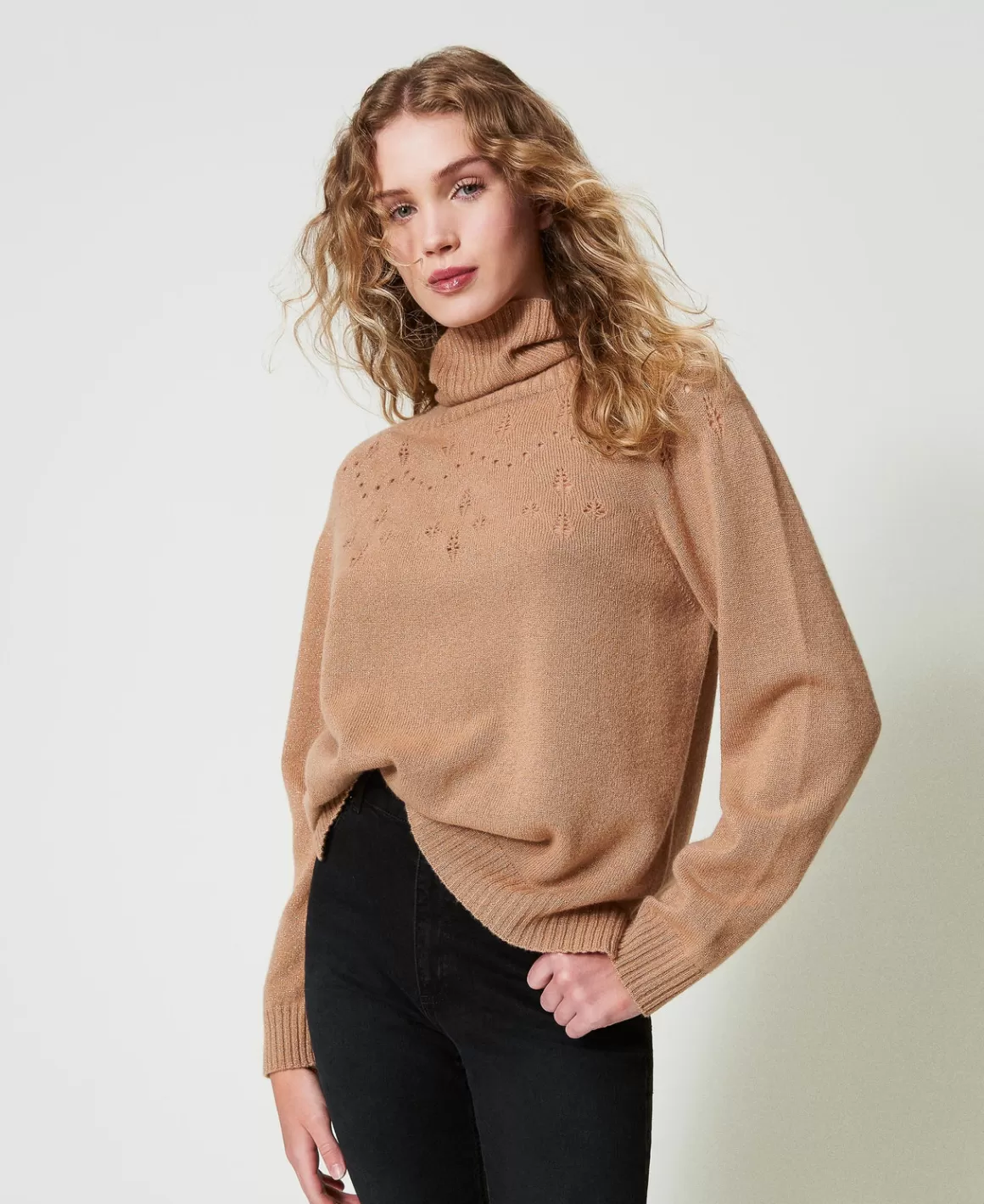 TWINSET Milano Pulls Et Cardigans*Pull Col Roulé En Mélange De Laine Et Lurex Bicolore Marron « Sandy Brown »/Or Lurex