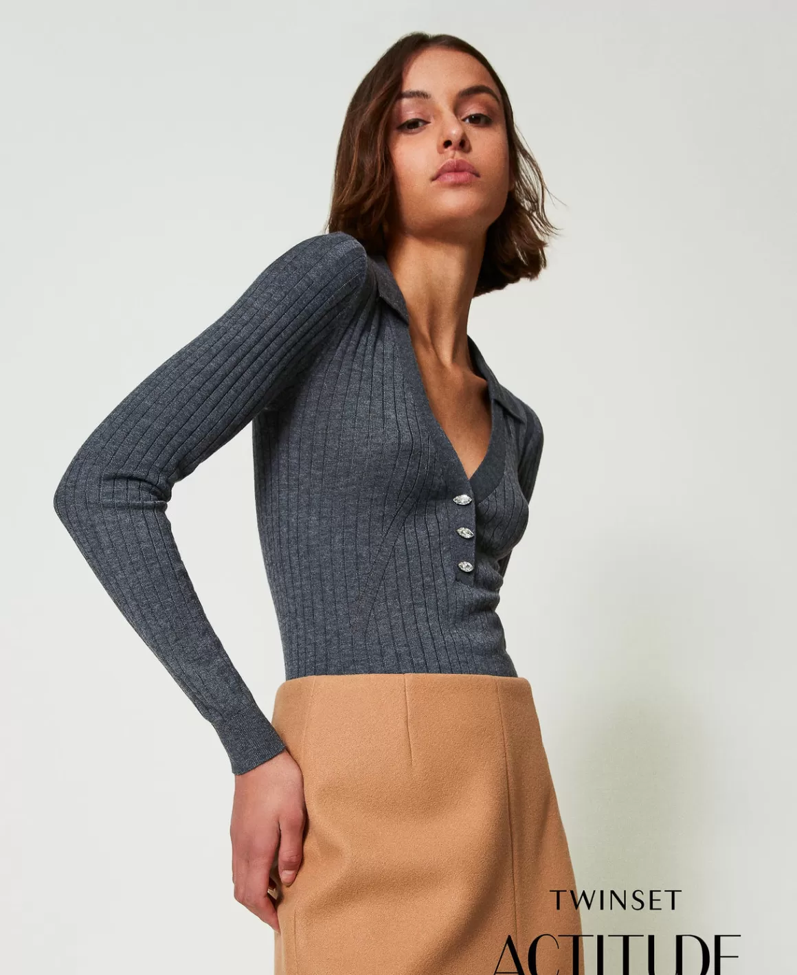 TWINSET Milano Pulls Et Cardigans*Pull Côtelé Avec Broderie Gris Moyen Mélangé