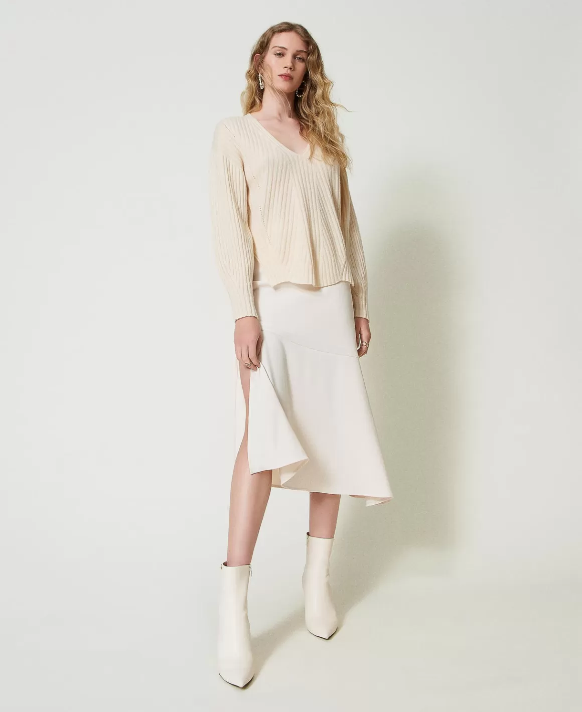 TWINSET Milano Pulls Et Cardigans*Pull En Laine Et Cachemire Avec Finition Côtelée Blanc Neige