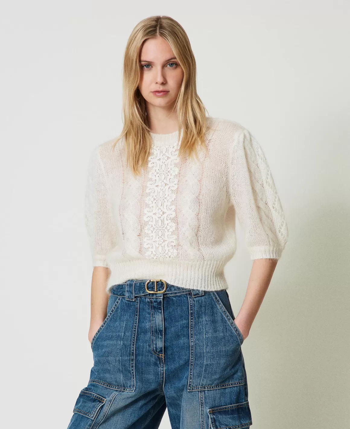 TWINSET Milano Pulls Et Cardigans*Pull En Laine Et Mohair Avec Dentelle Blanc Neige