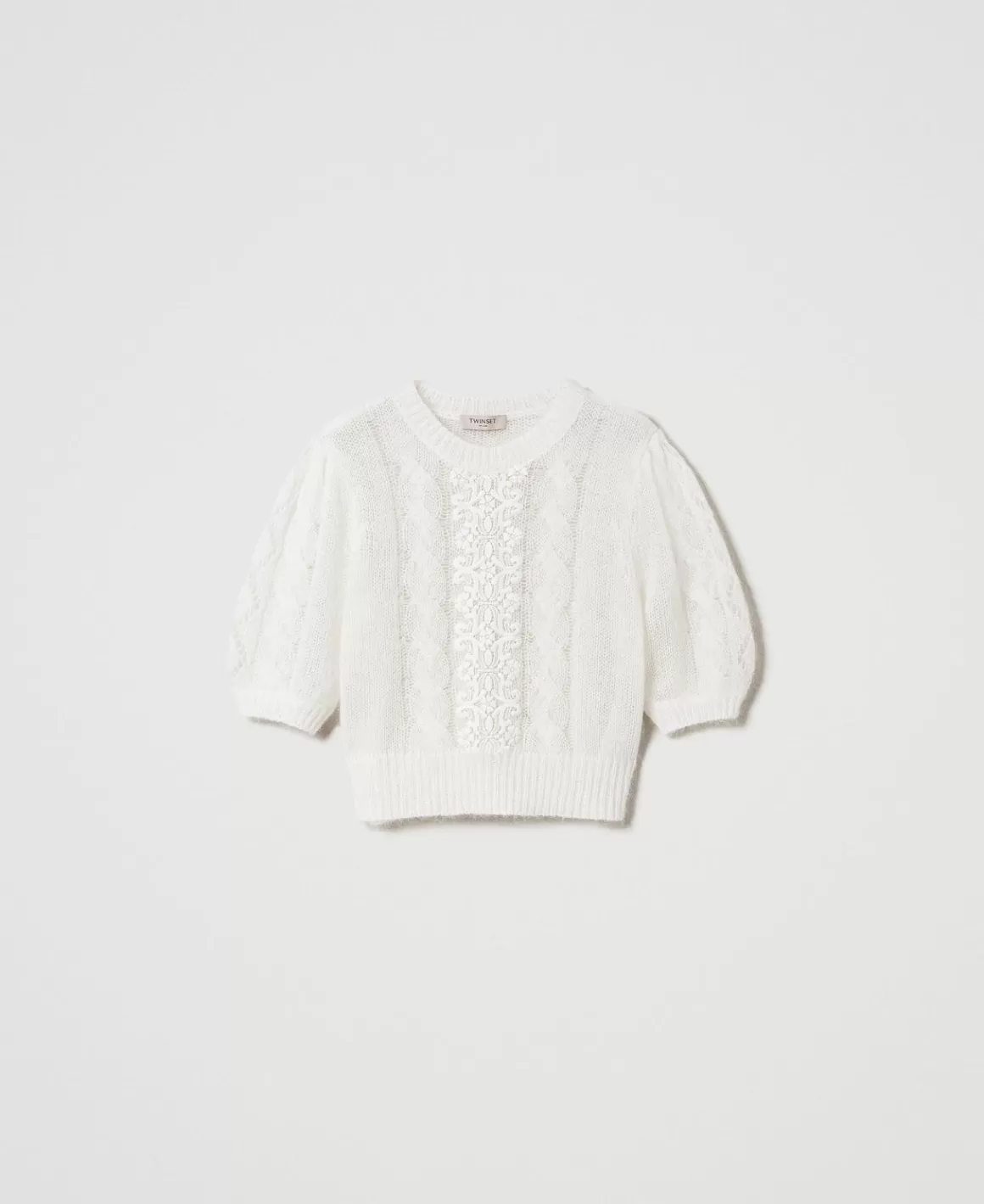 TWINSET Milano Pulls Et Cardigans*Pull En Laine Et Mohair Avec Dentelle Blanc Neige