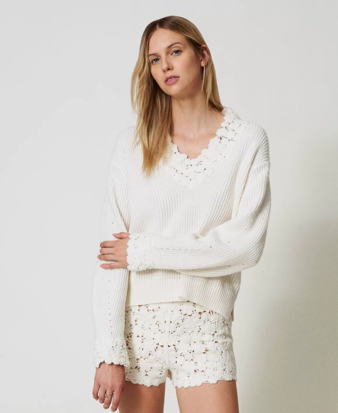 TWINSET Milano Pulls Et Cardigans*Pull En Laine Mélangée Avec Broderie Blanc Neige