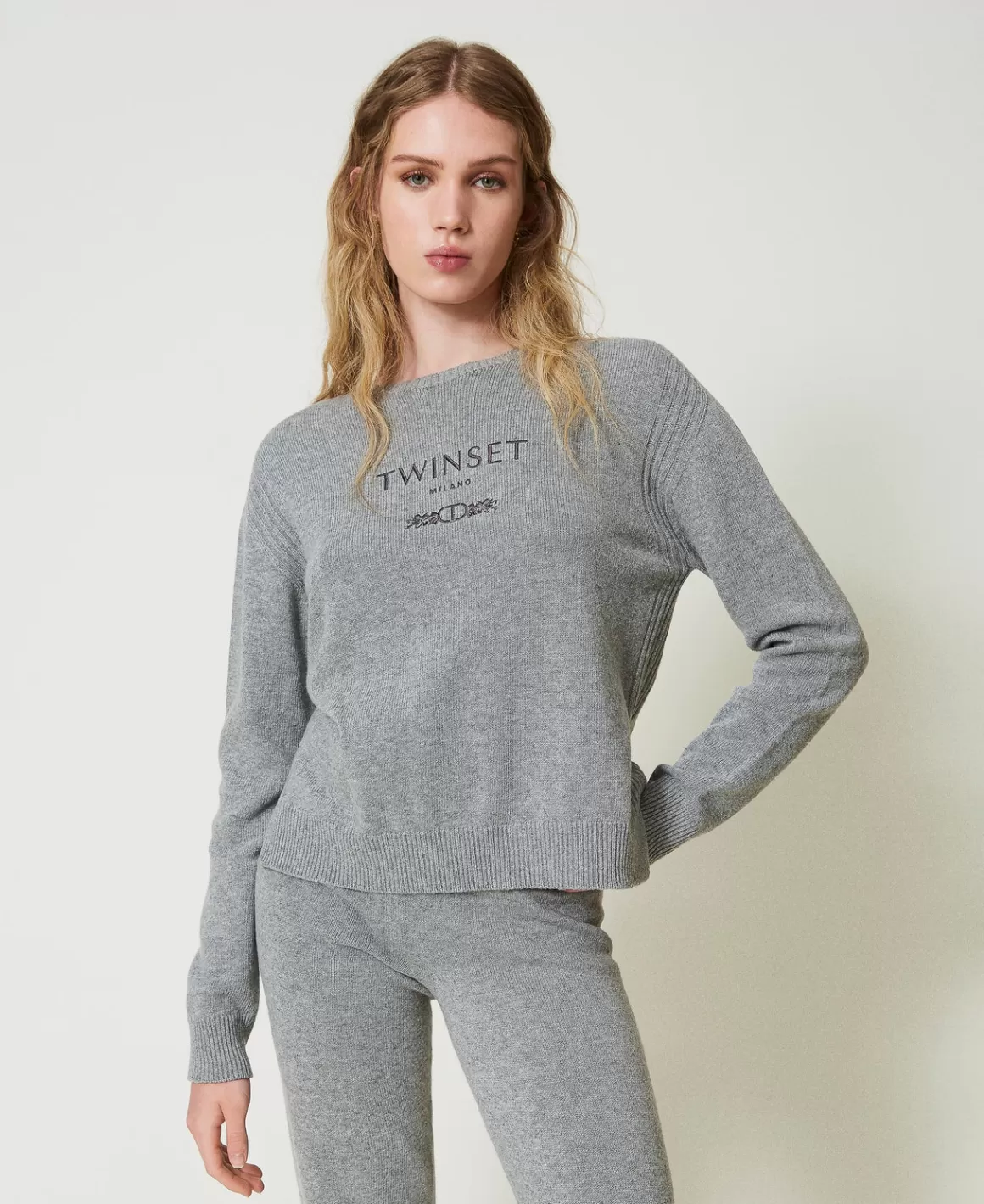 TWINSET Milano Pulls Et Cardigans*Pull En Laine Mélangée Avec Logo Brodé Gris Chiné Foncé