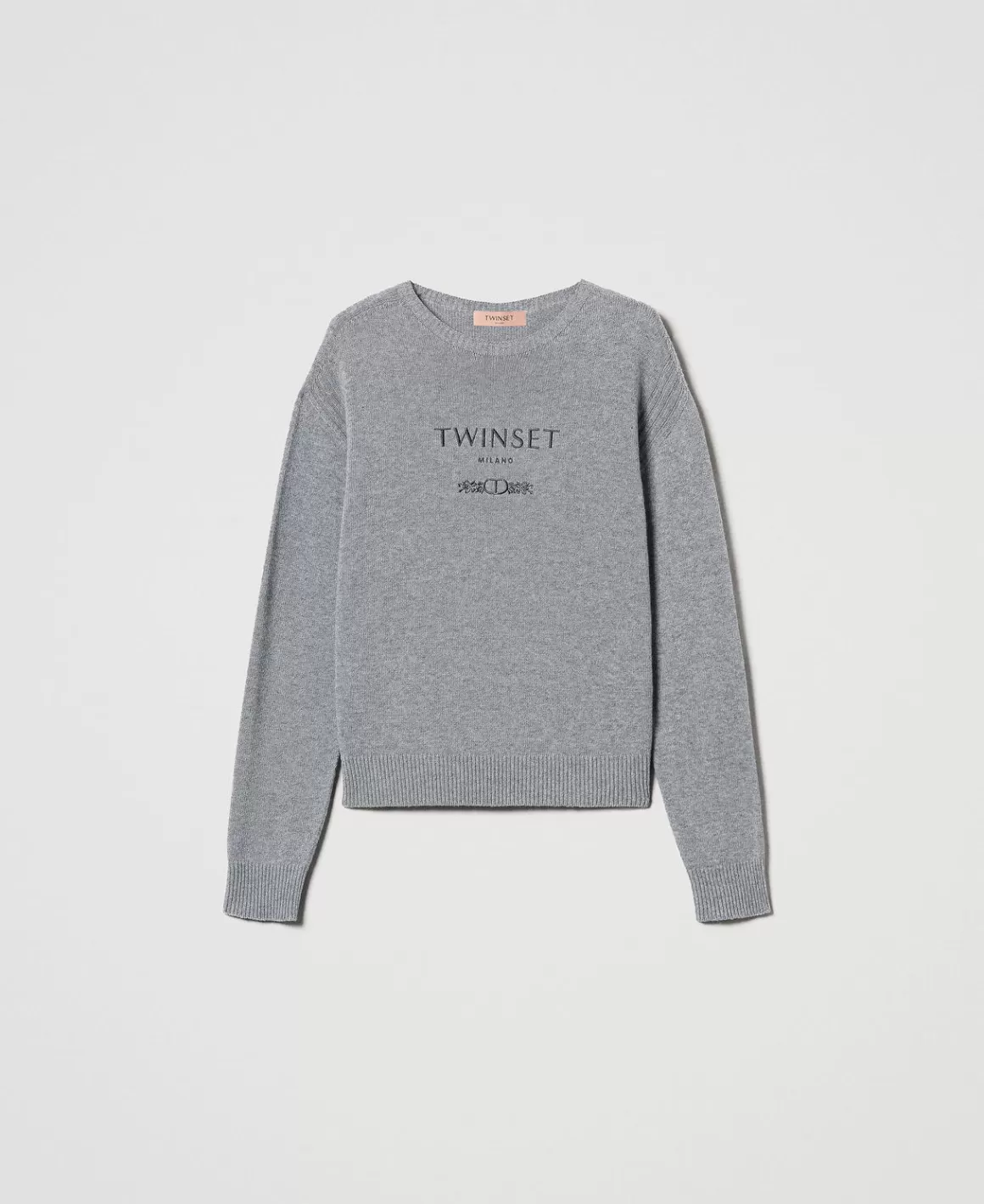 TWINSET Milano Pulls Et Cardigans*Pull En Laine Mélangée Avec Logo Brodé Gris Chiné Foncé