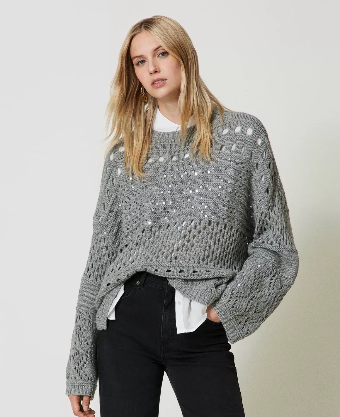 TWINSET Milano Pulls Et Cardigans*Pull En Laine Mélangée Avec Sequins Gris Chiné Foncé