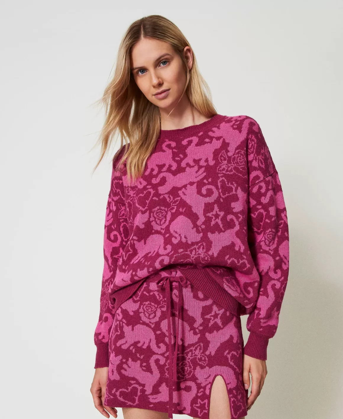 TWINSET Milano Pulls Et Cardigans*Pull Jacquard En Fil Treeblend Jacquard Chats Raspberry Radiance/Cone Flower