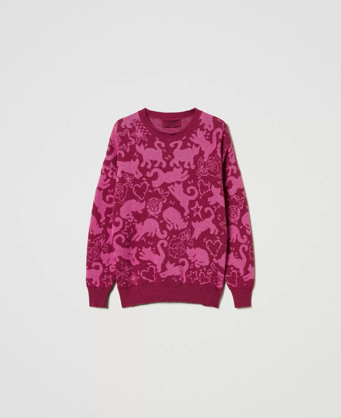 TWINSET Milano Pulls Et Cardigans*Pull Jacquard En Fil Treeblend Jacquard Chats Raspberry Radiance/Cone Flower