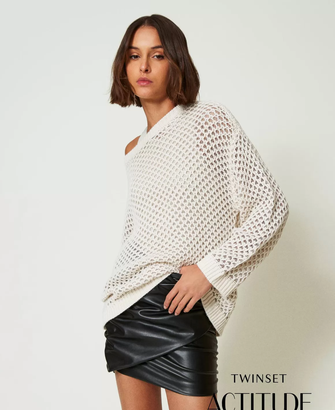 TWINSET Milano Pulls Et Cardigans*Pull Oversize MYFO Point Filet Avec Lurex Bicolore Blanc Neige/Platine