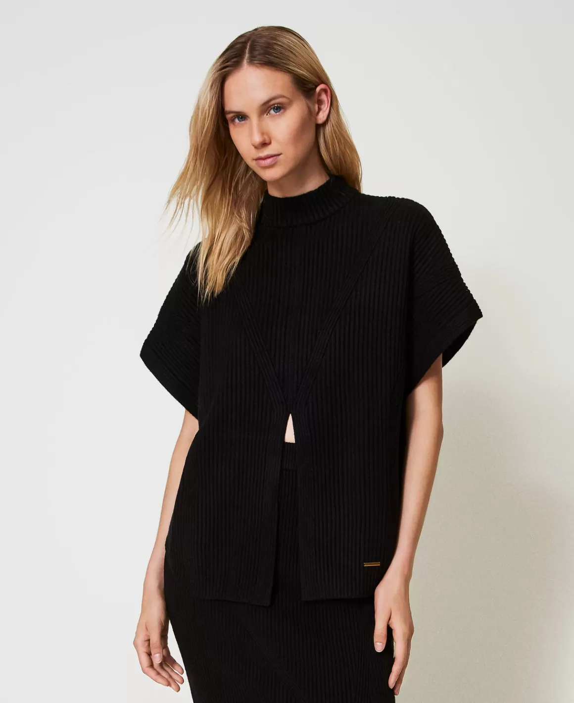 TWINSET Milano Ponchos*Pull Poncho Côtelé Noir