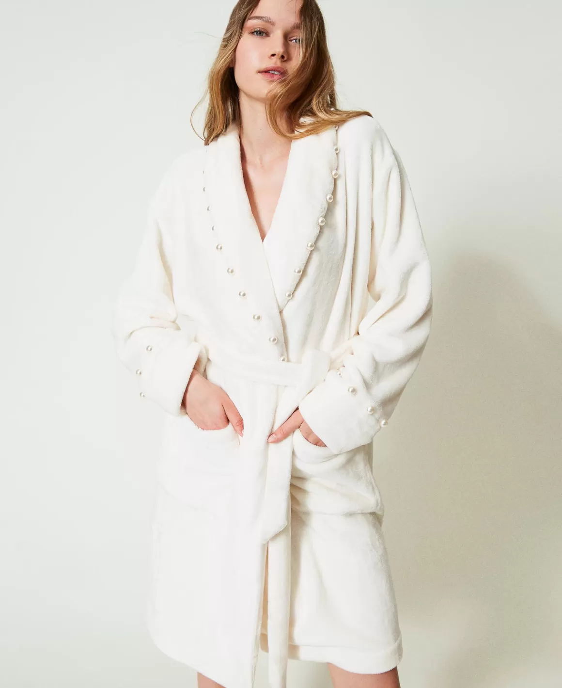 TWINSET Milano Sous-Vêtements Et Vêtements De Nuit*Robe De Chambre En Fausse Fourrure Avec Perles Blanc Antique White